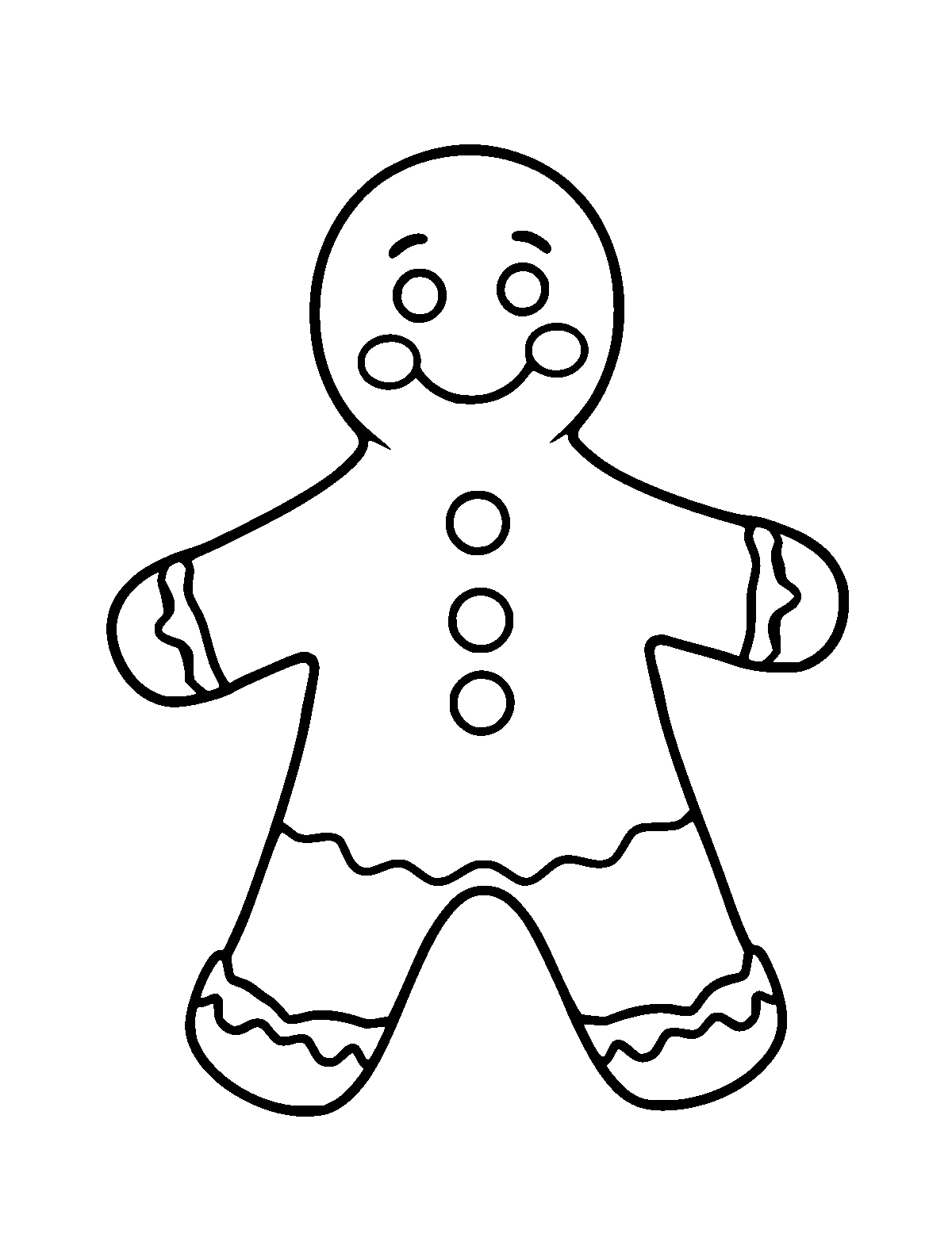 Line-art coloring page of Gingerbread Man, thick outlines, centered