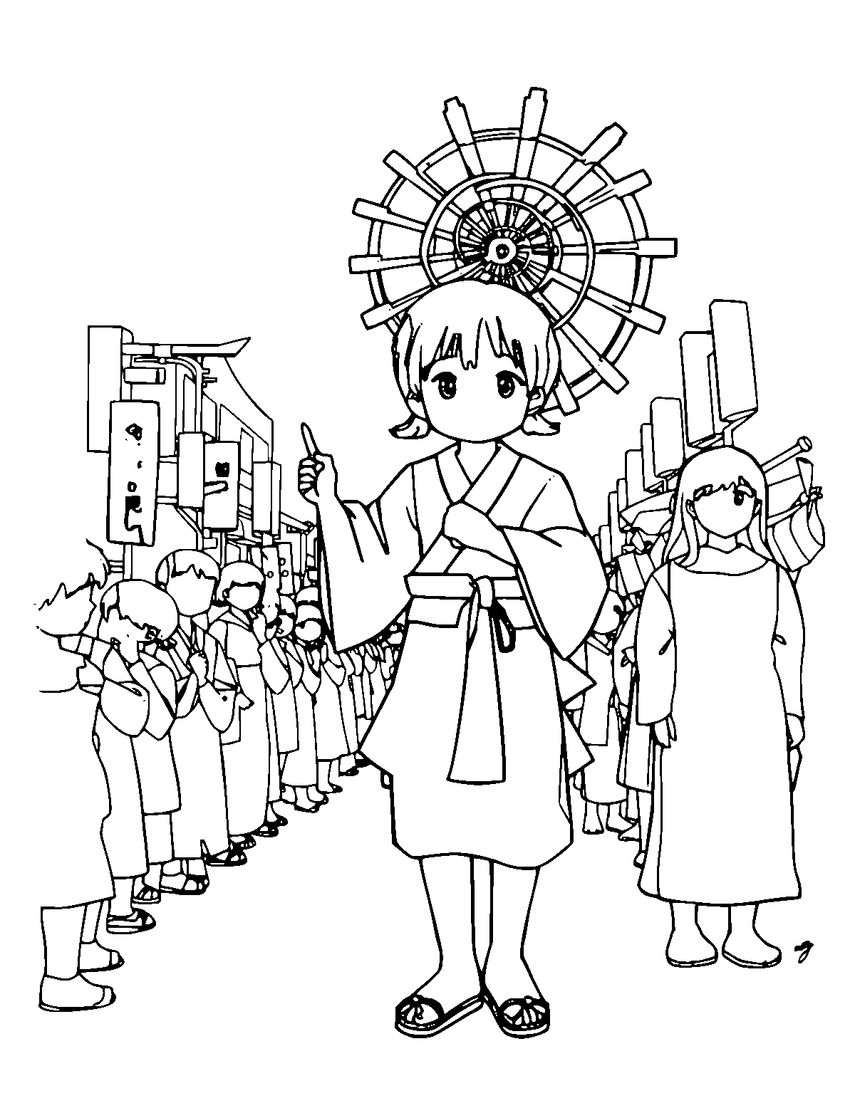 Line-art coloring page of Gion Matsuri Parade, medium outlines, centered