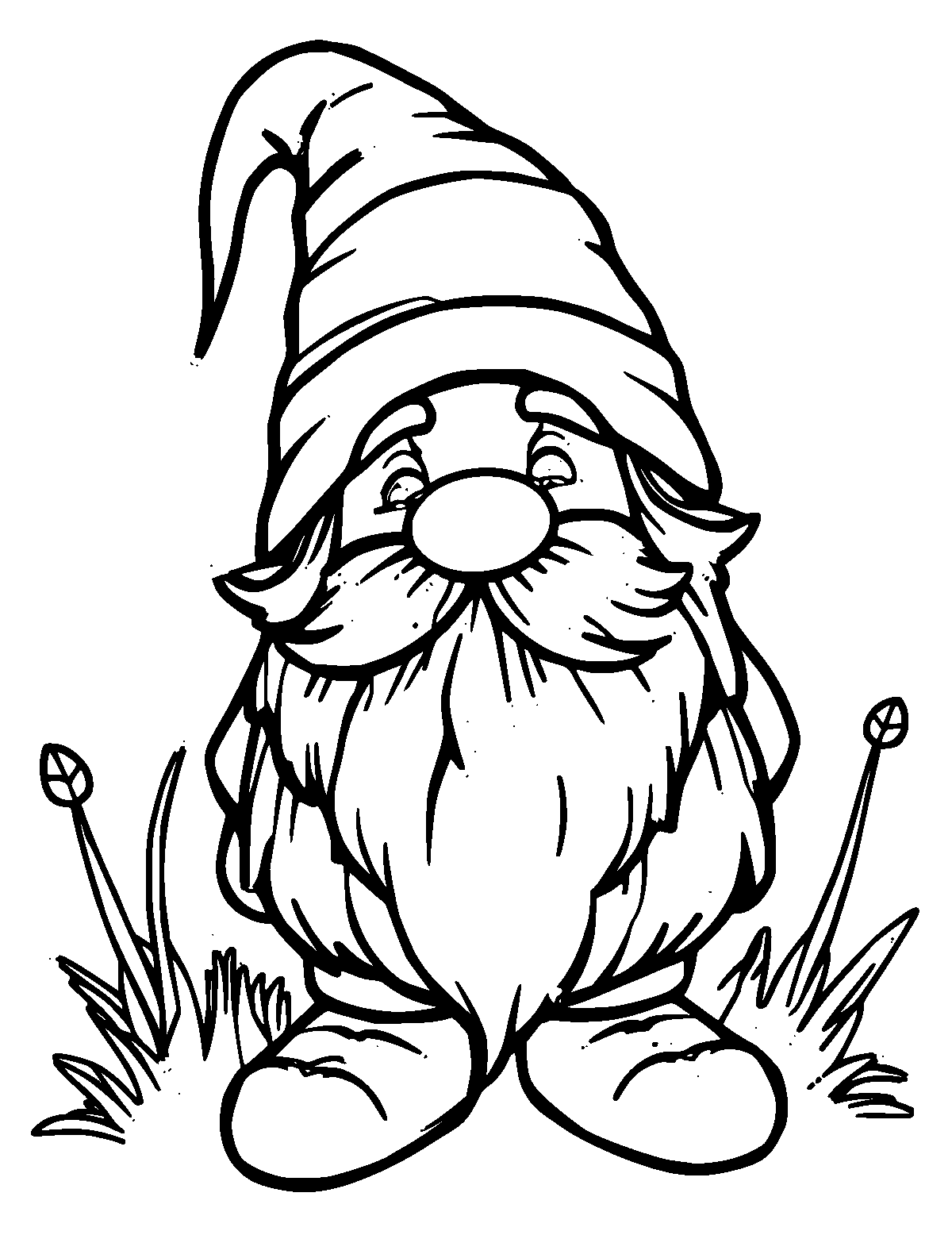 Line-art coloring page of Gnome, thick outlines, centered