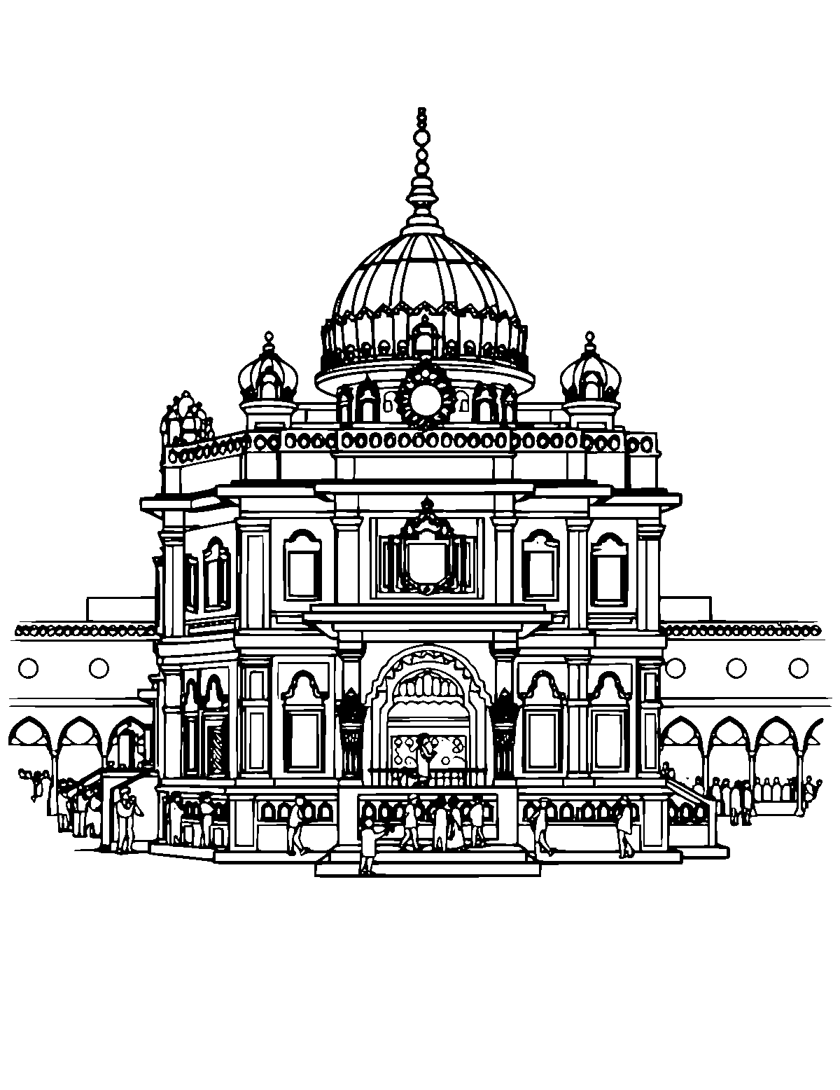 Line-art coloring page of Golden Temple of Amritsar, medium outlines, centered