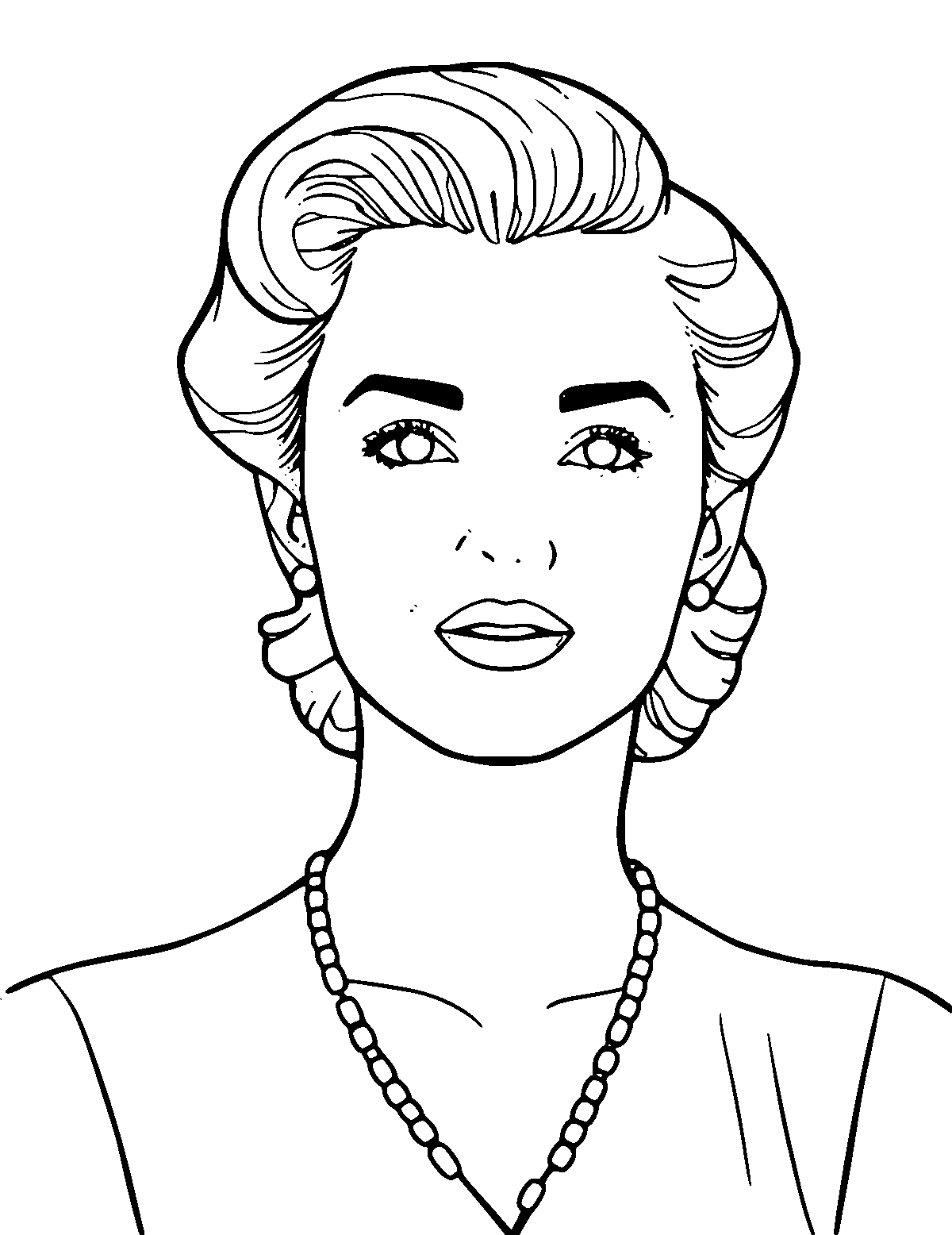 Line-art coloring page of Grace Kelly, medium outlines, centered