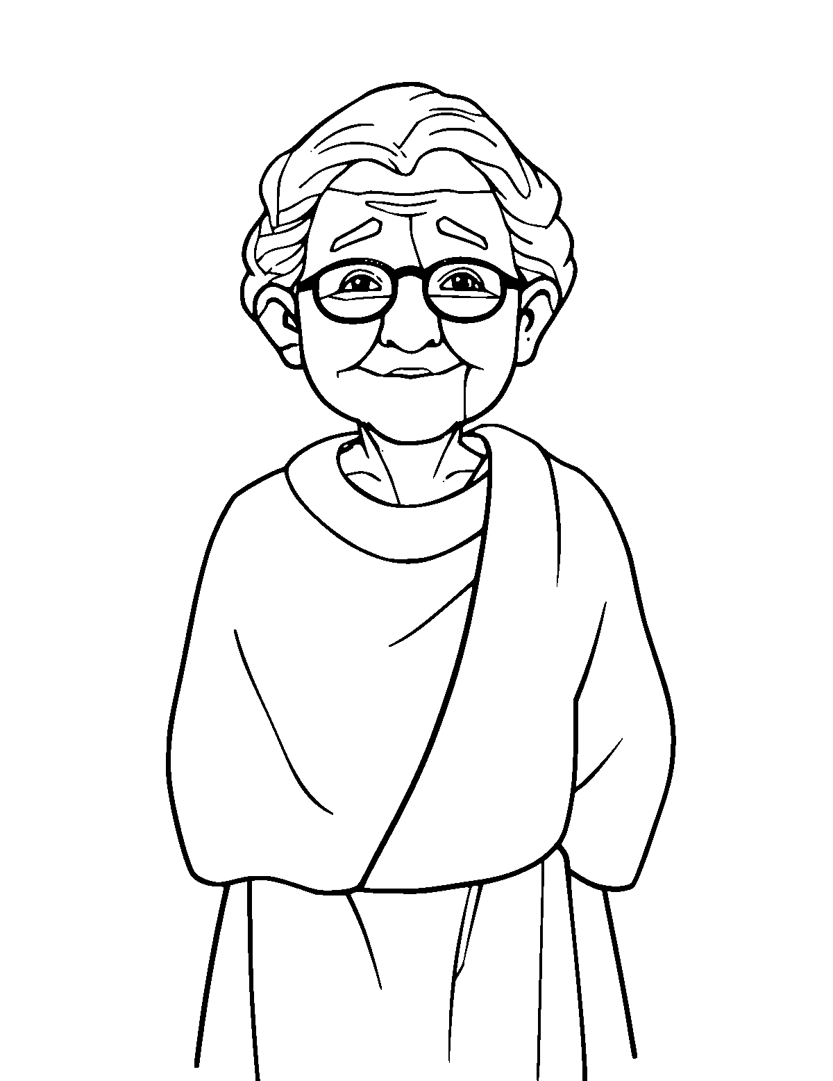 Line-art coloring page of Grandma Moses, medium outlines, centered