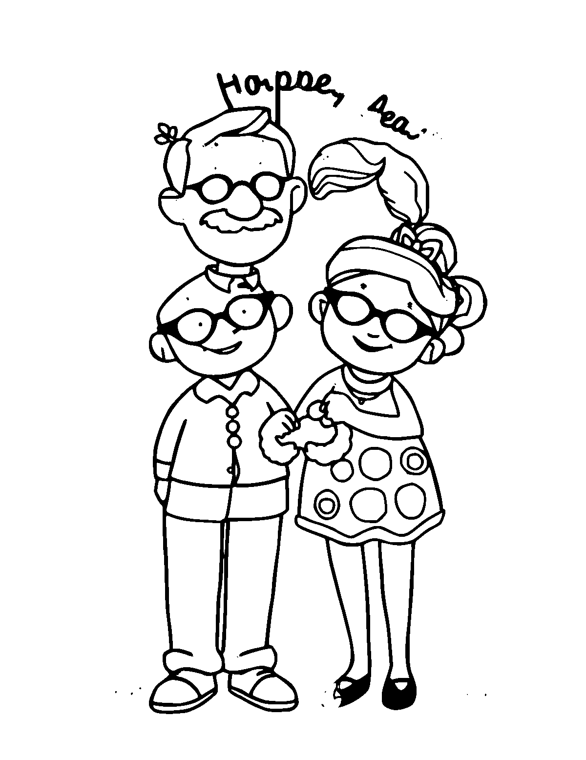 Line-art coloring page of Grandparents Day, medium outlines, centered