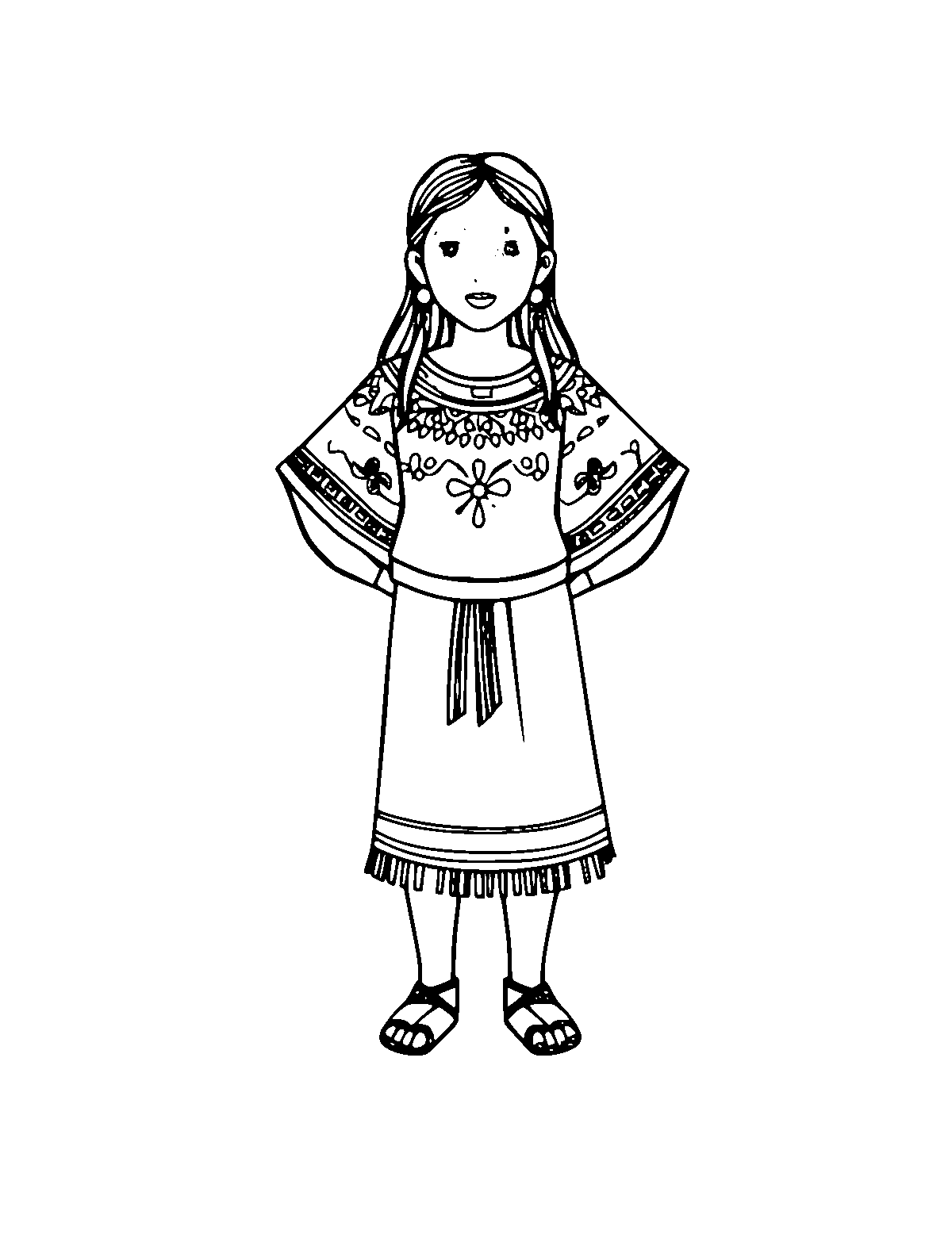 Line-art coloring page of Guatemalan Huipil, medium outlines, centered
