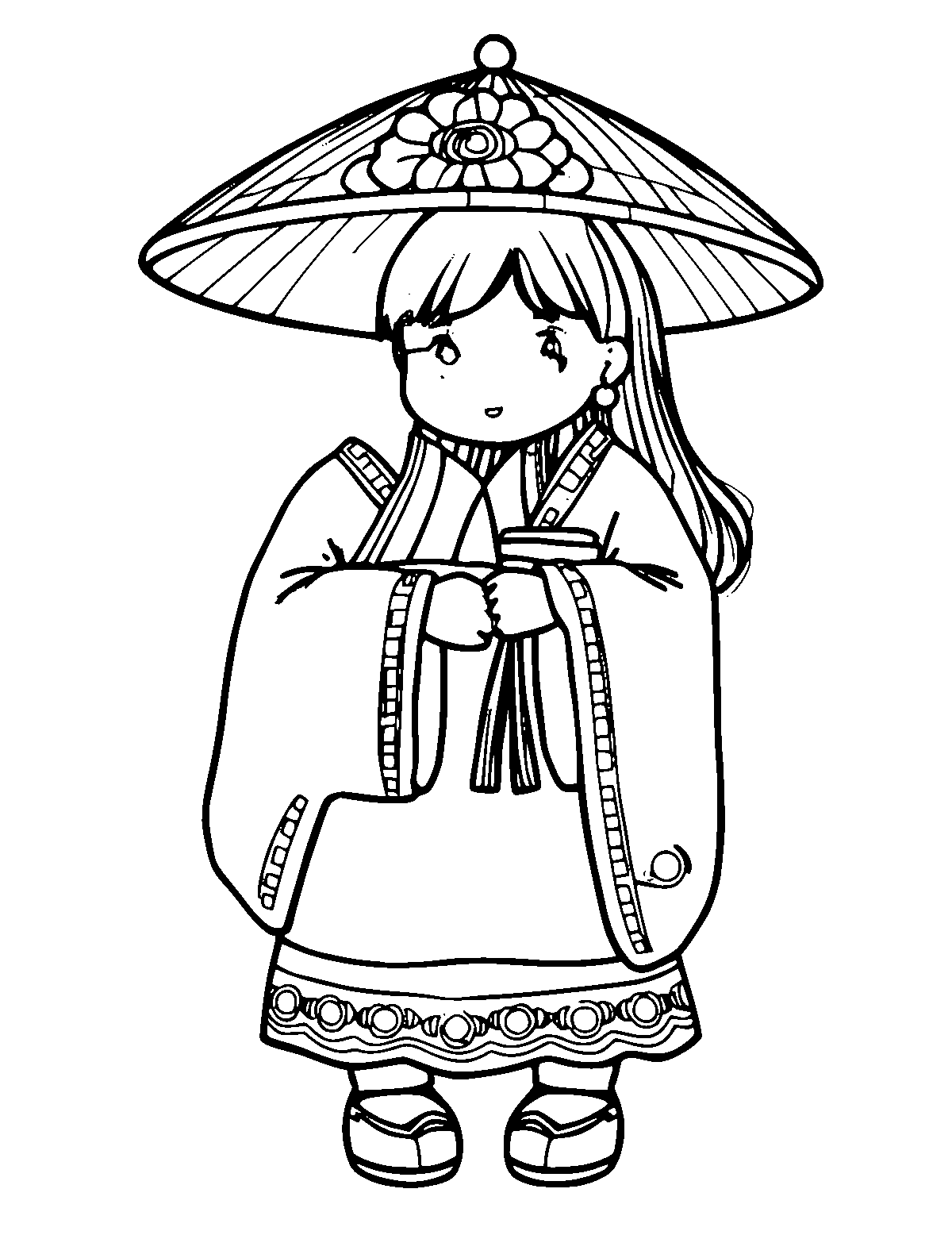 Line-art coloring page of Hanbok, medium outlines, centered