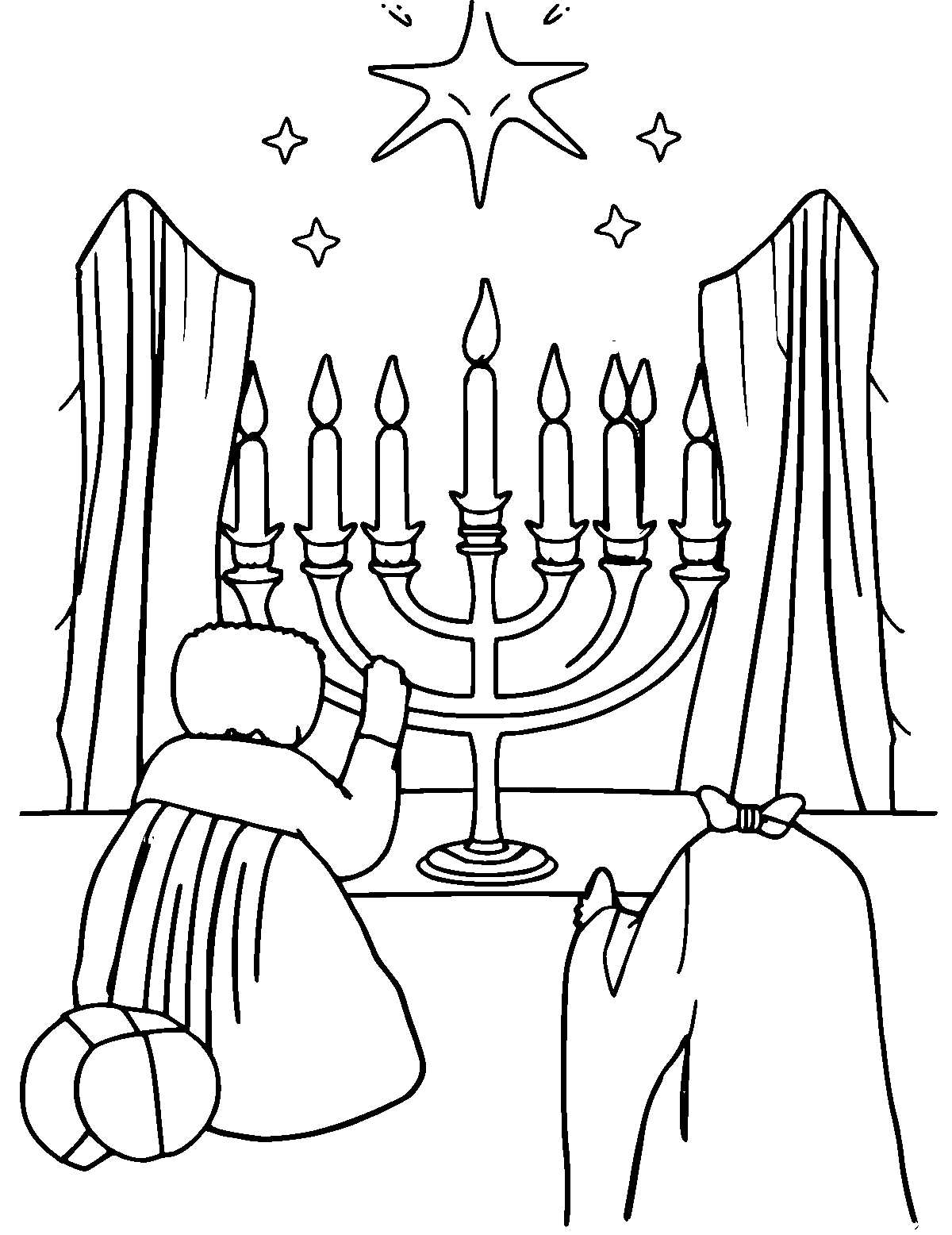 Line-art coloring page of Hanukkah, medium outlines, centered