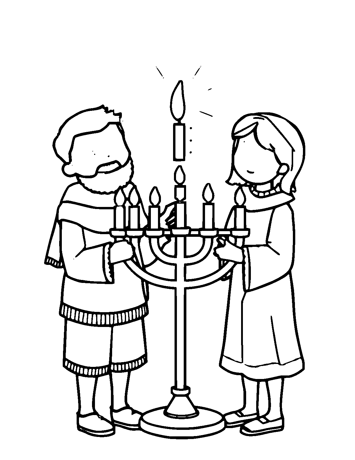Line-art coloring page of Hanukkah Menorah Lighting, medium outlines, centered