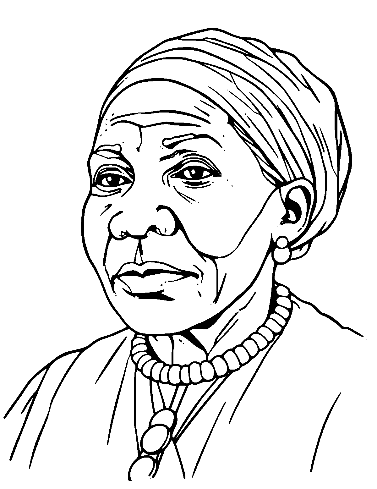 Line-art coloring page of Harriet Tubman, medium outlines, centered