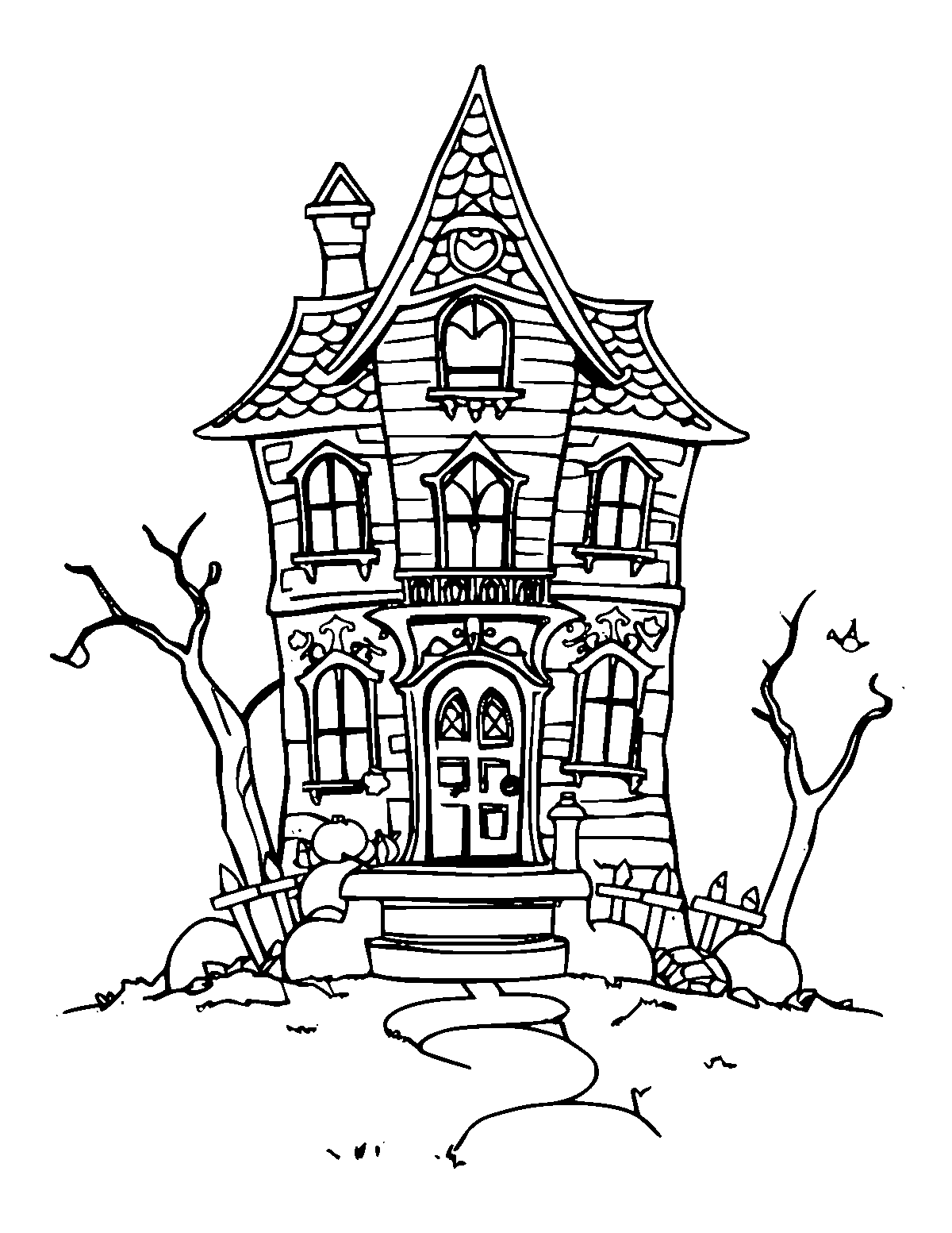 Line-art coloring page of Haunted House, medium outlines, centered