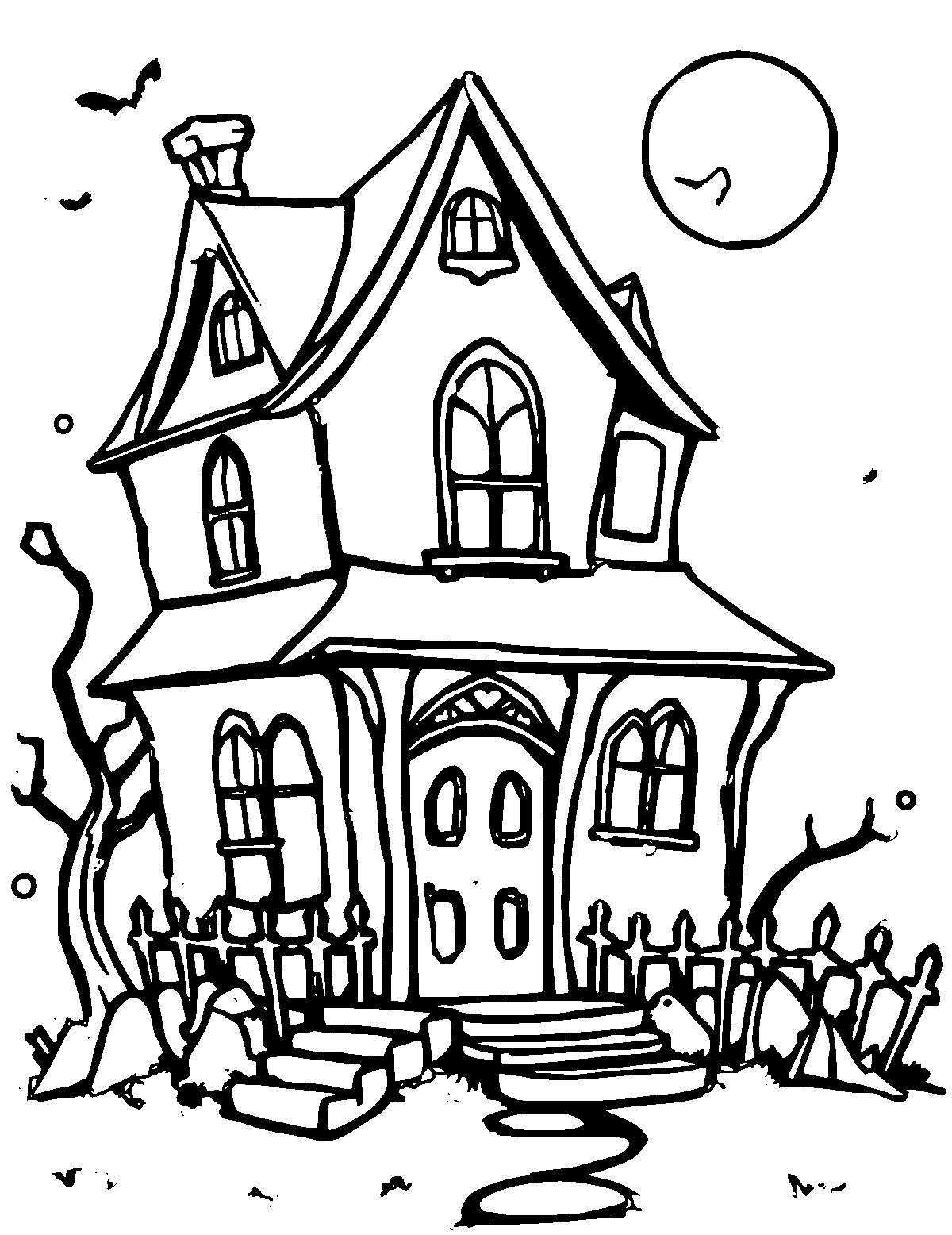 Line-art coloring page of Haunted House, thick outlines, centered