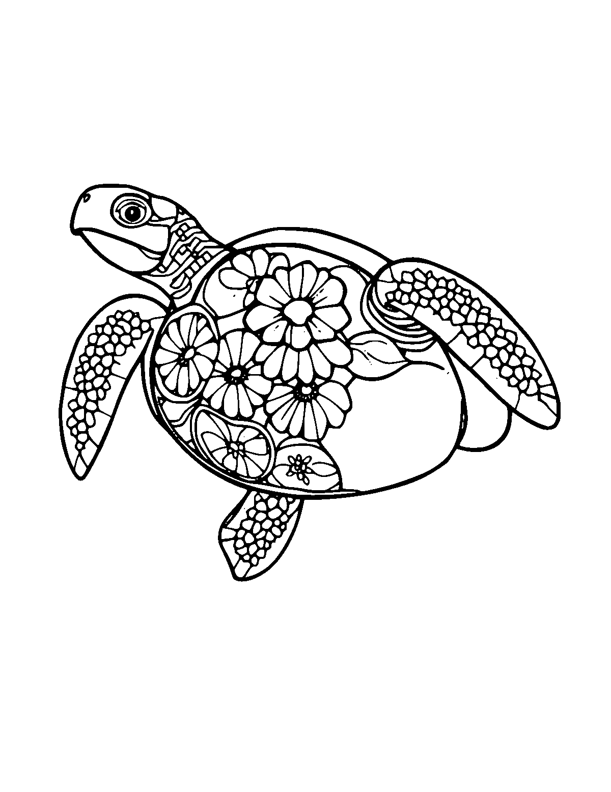 Line-art coloring page of Hawaiian Honu Turtle Spirit, medium outlines, centered