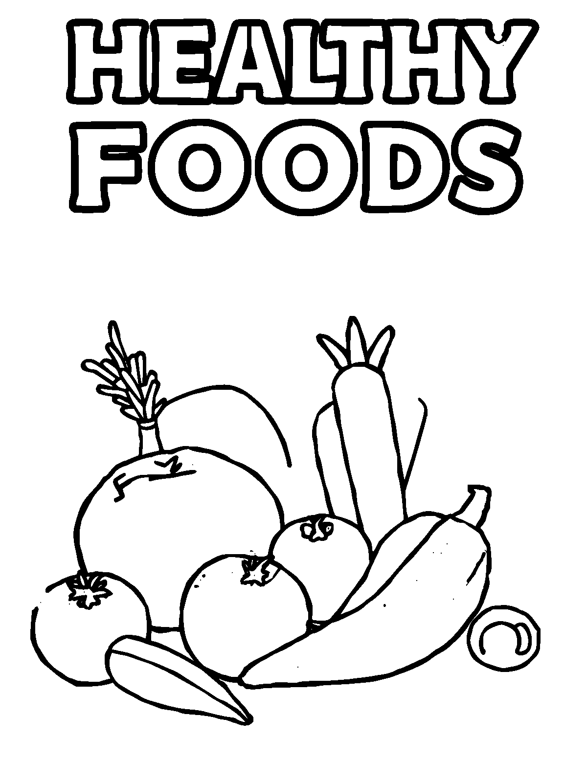 Line-art coloring page of Healthy Food, thick outlines, centered