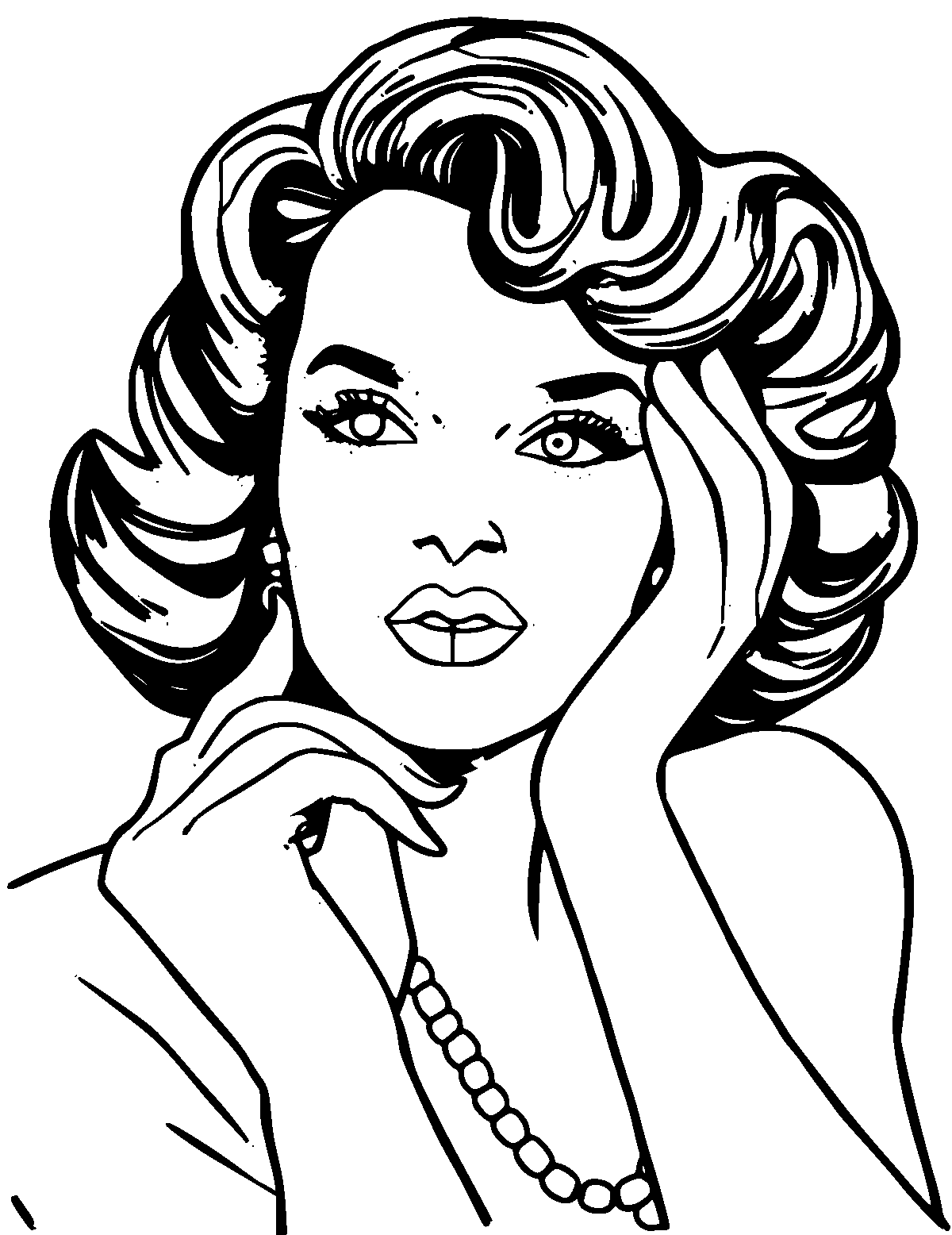 Line-art coloring page of Hedy Lamarr, thick outlines, centered