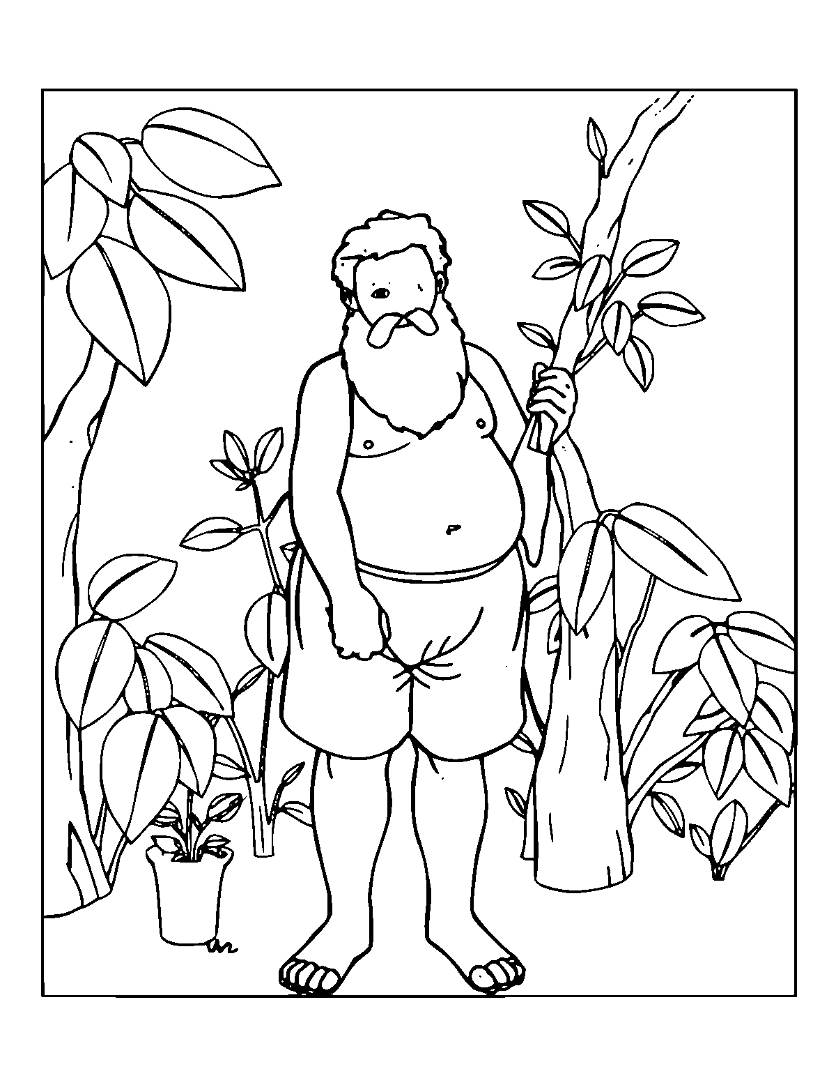 Line-art coloring page of Henri Rousseau, medium outlines, centered