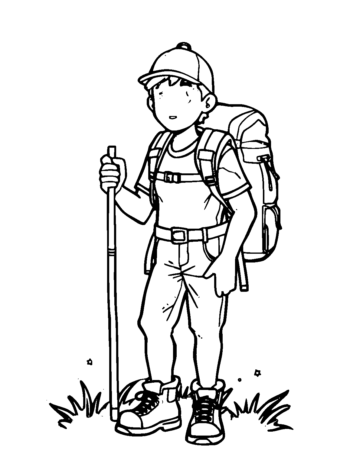 Line-art coloring page of Hiker, medium outlines, centered