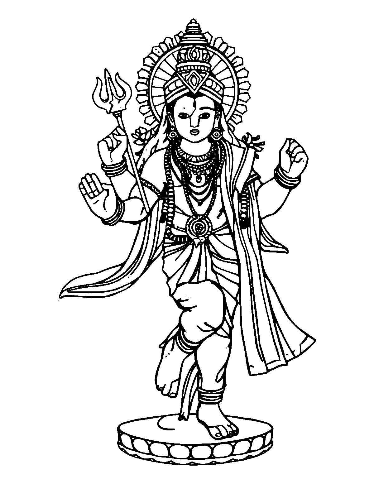 Line-art coloring page of Hindu Deities, medium outlines, centered