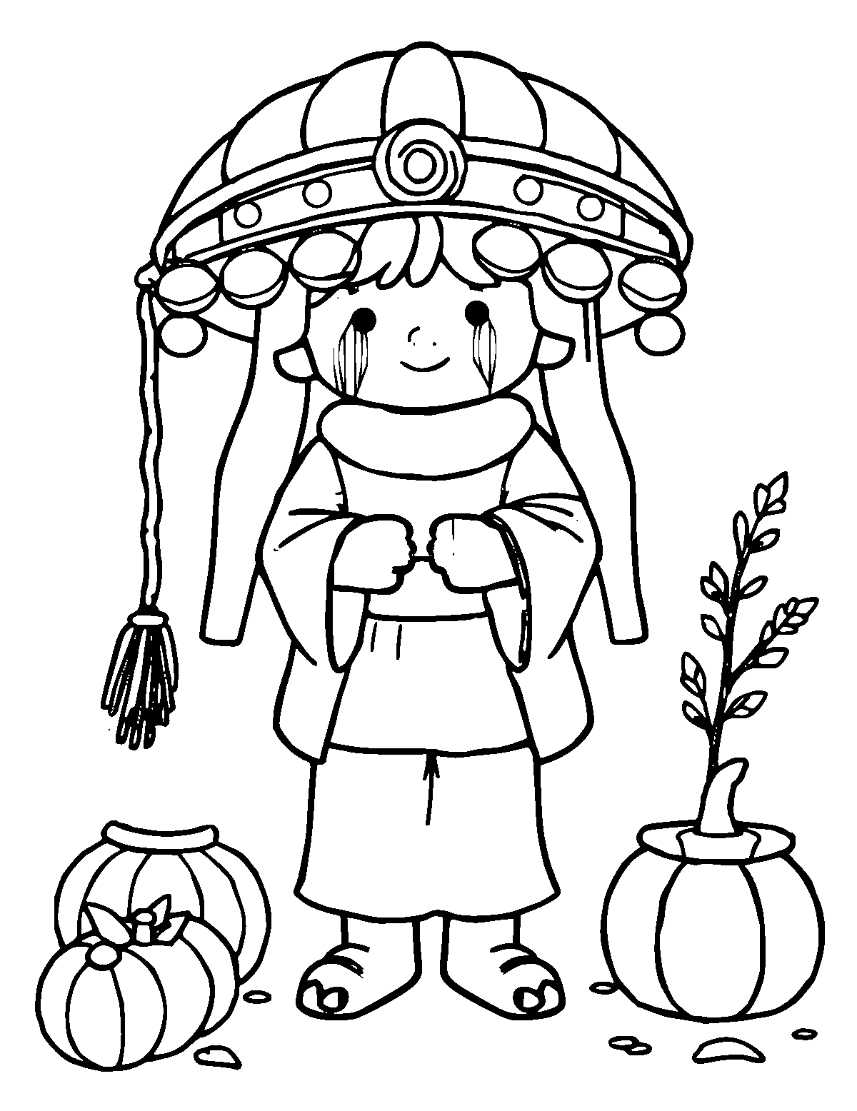 Line-art coloring page of Homowo Harvest Festival, medium outlines, centered