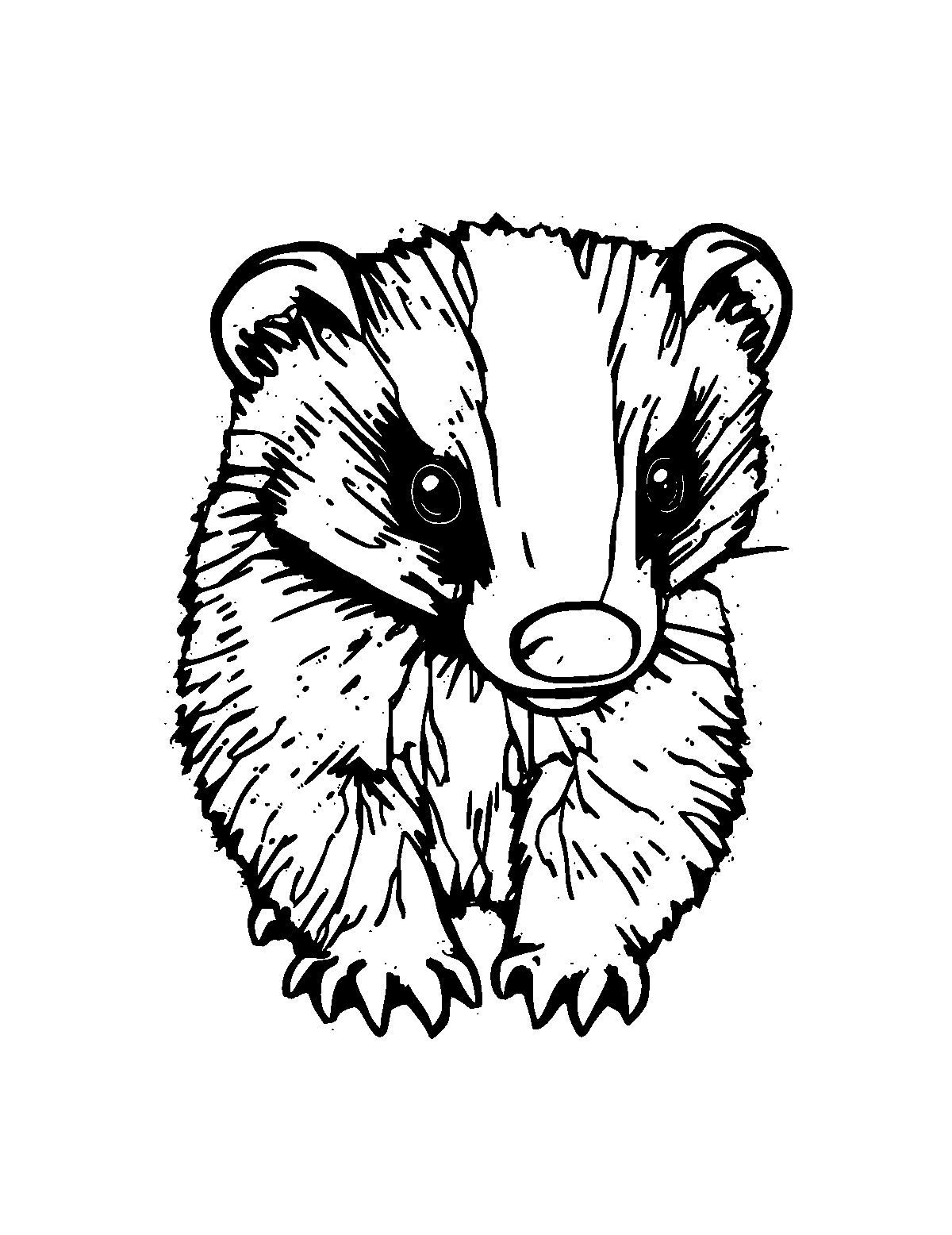 Line-art coloring page of Honey Badger, medium outlines, centered