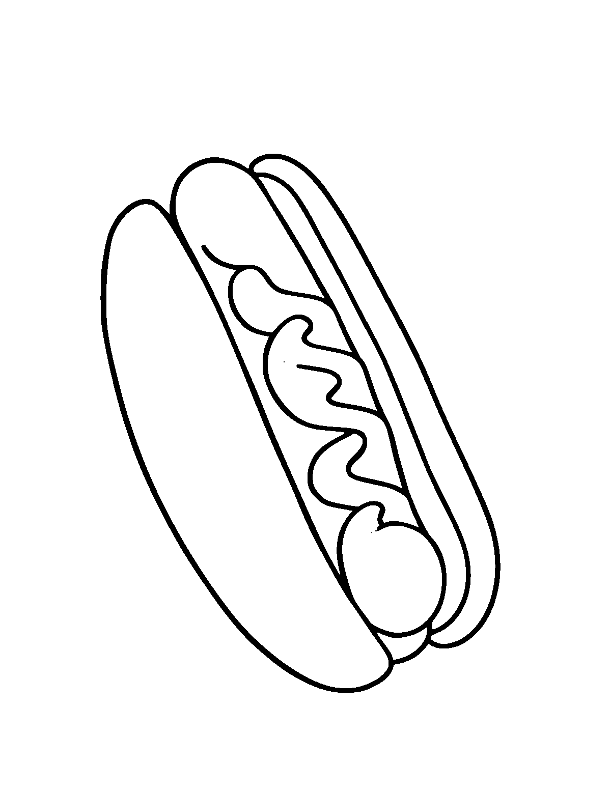 Line-art coloring page of Hot Dog, thick outlines, centered