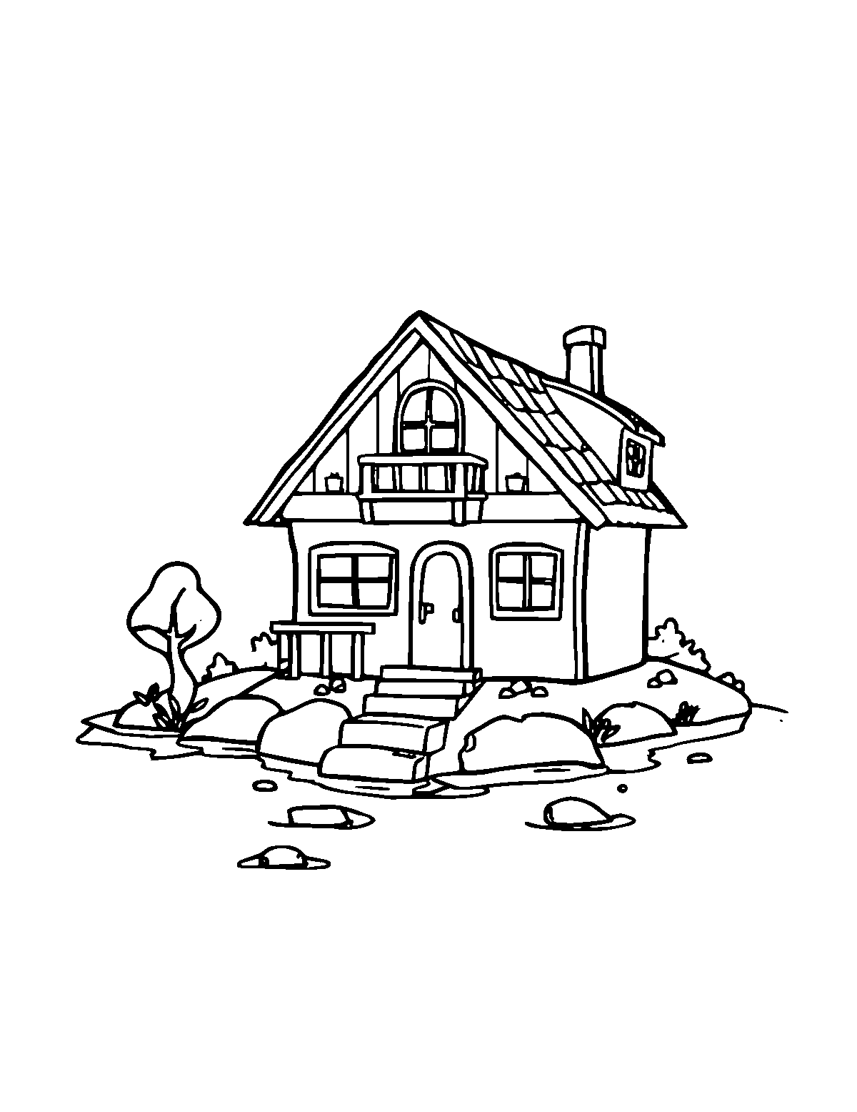 Line-art coloring page of House With Water, medium outlines, centered