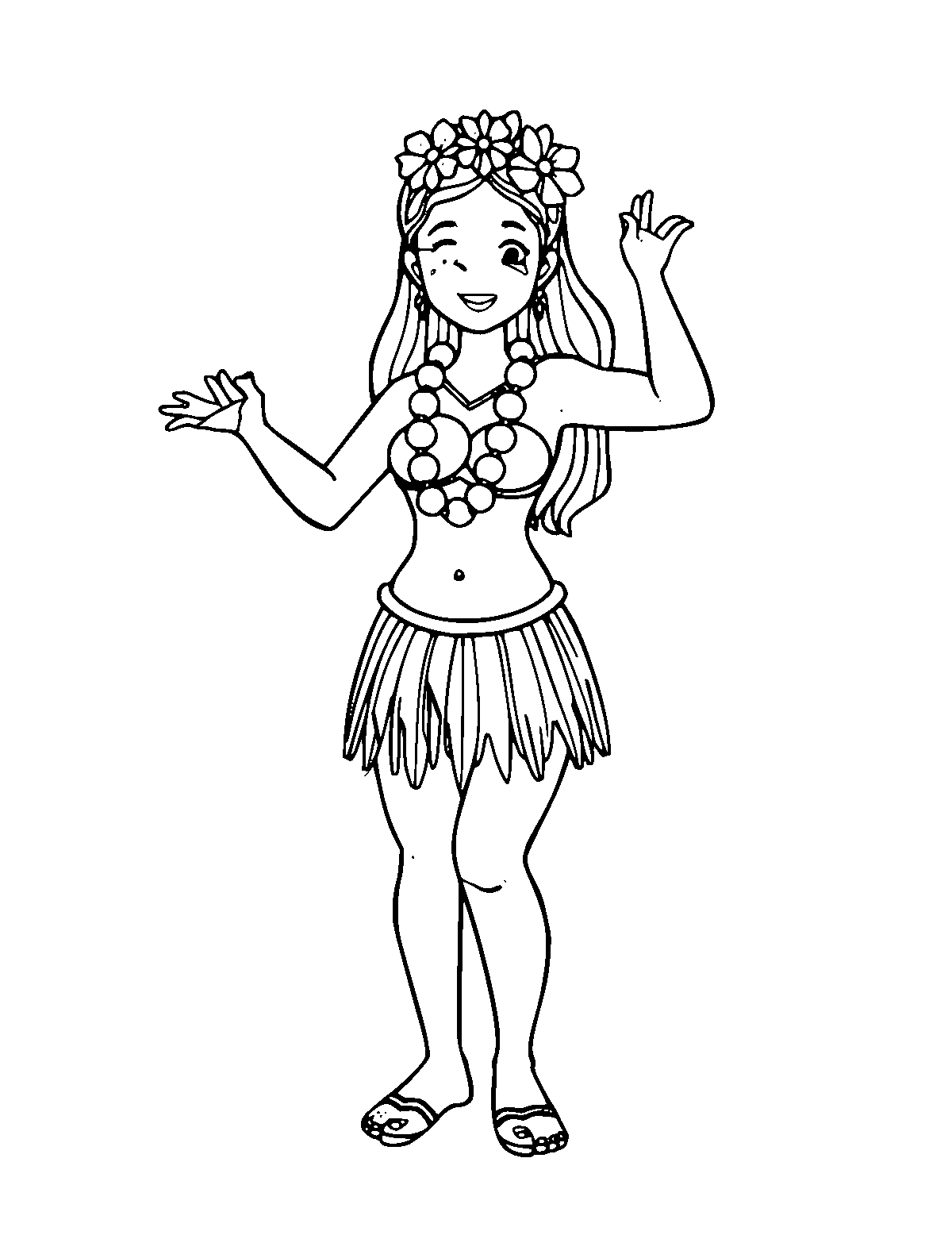 Line-art coloring page of Hula Dance, medium outlines, centered