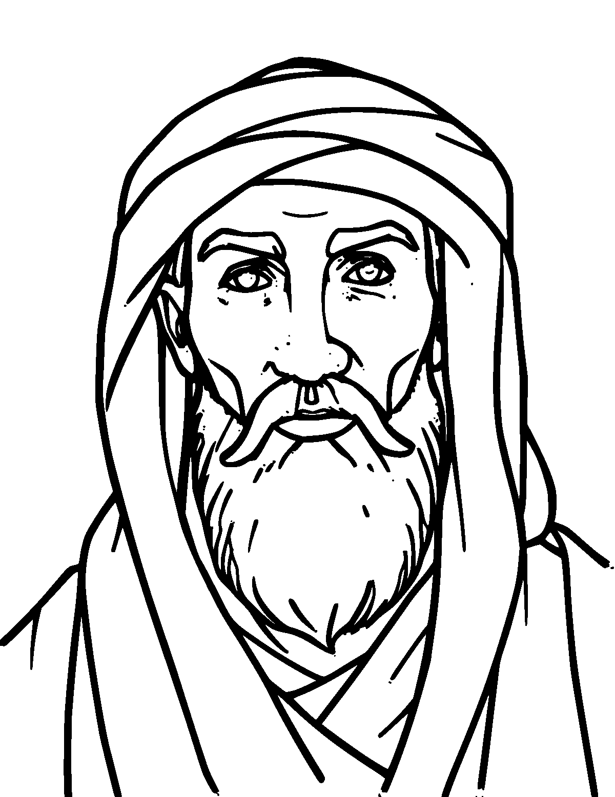 Line-art coloring page of Ibn Khaldun, thick outlines, centered