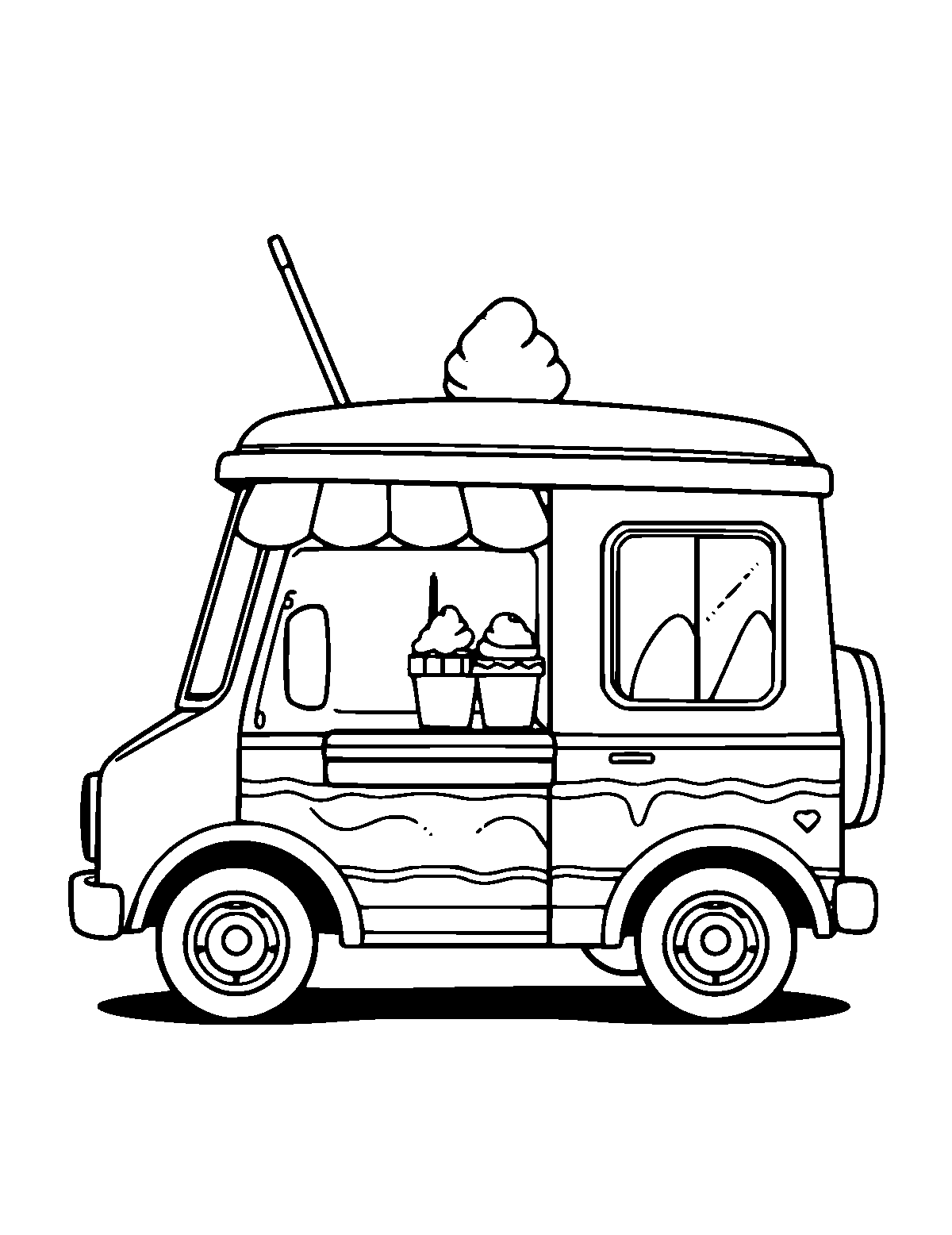 Line-art coloring page of Ice Cream Truck, medium outlines, centered