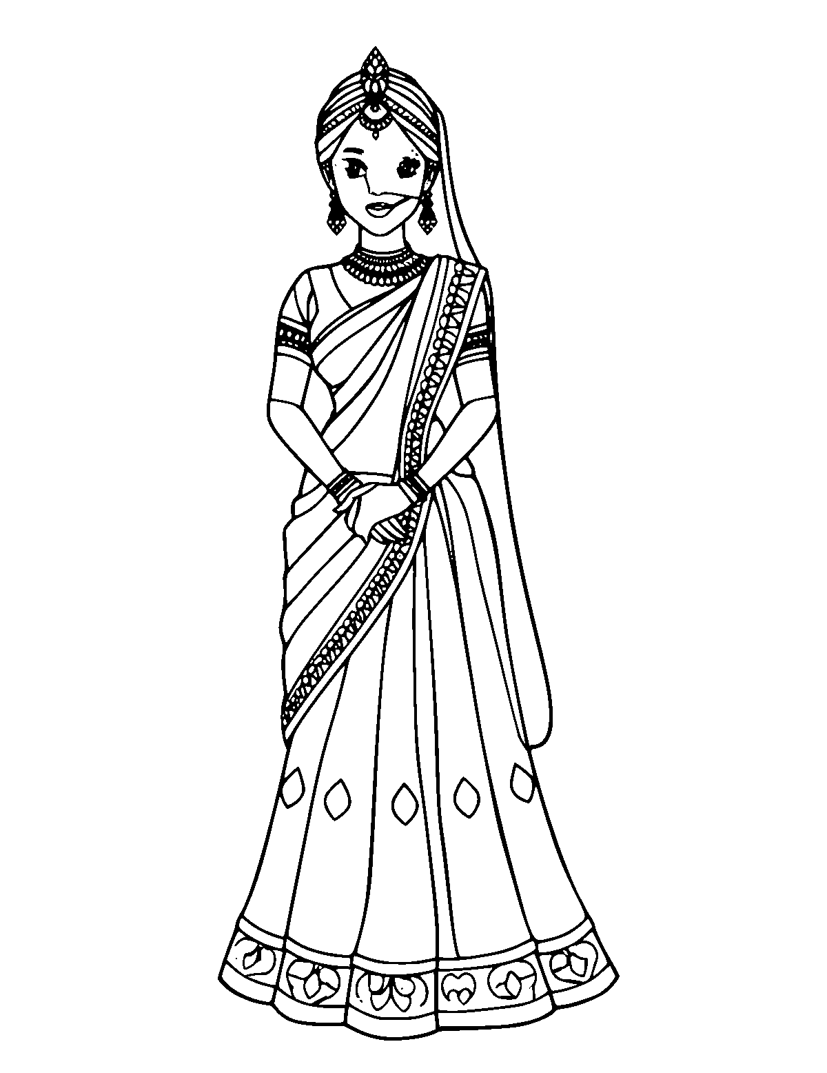 Line-art coloring page of Indian Lehenga, medium outlines, centered