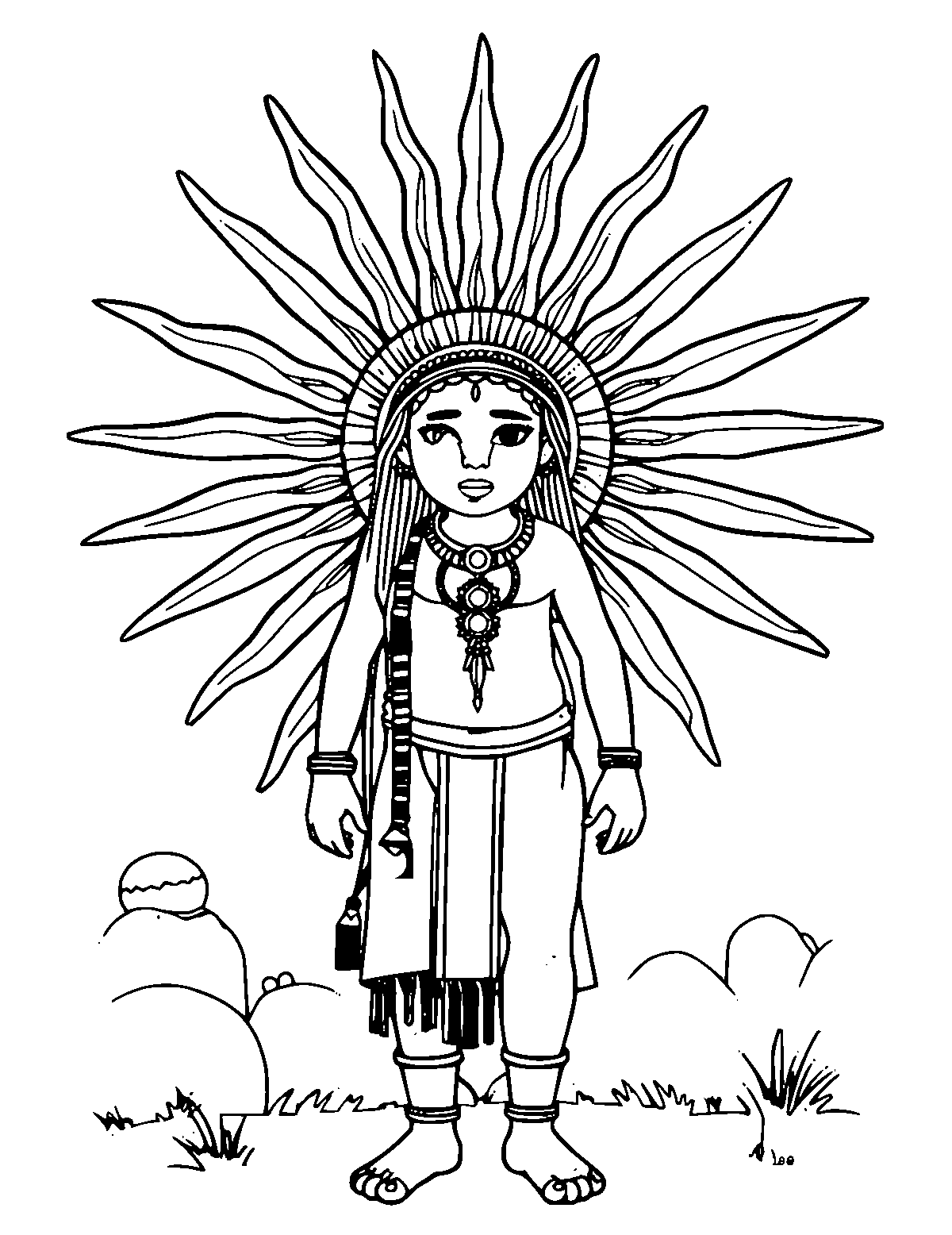 Line-art coloring page of Inti Raymi Sun Festival, medium outlines, centered