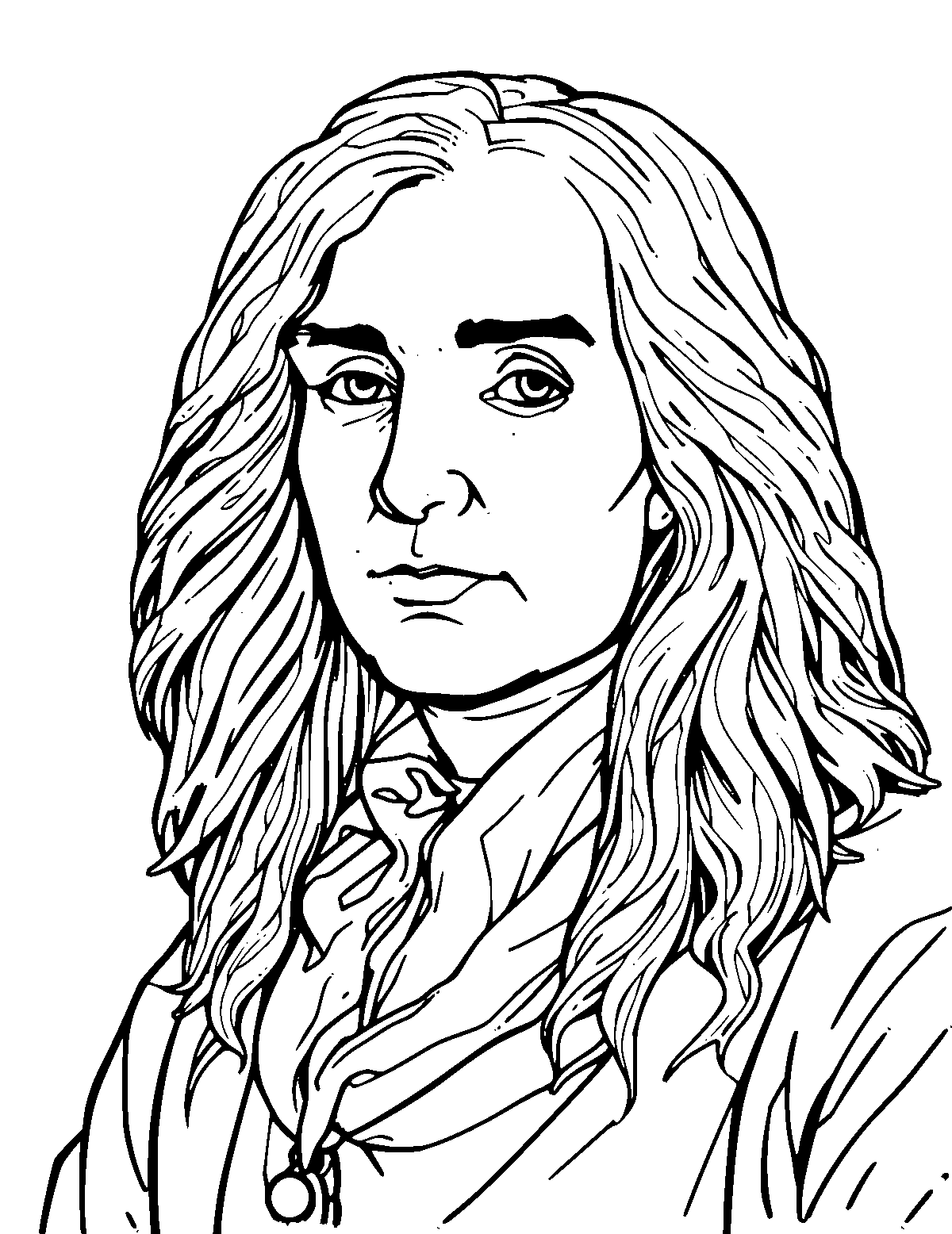 Line-art coloring page of Isaac Newton, medium outlines, centered