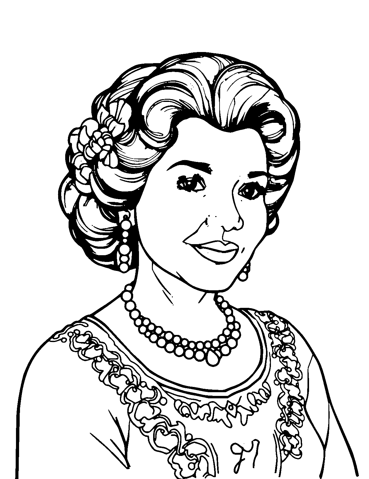 Line-art coloring page of Isabel Allende, medium outlines, centered