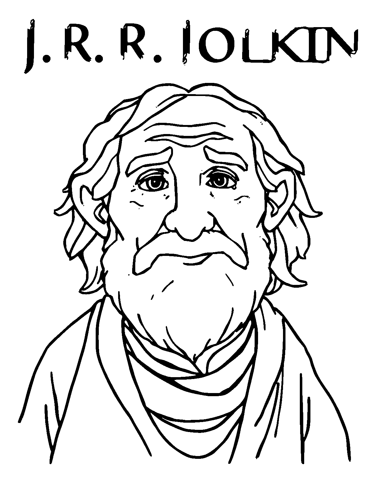 Line-art coloring page of J. R. R. Tolkien, medium outlines, centered