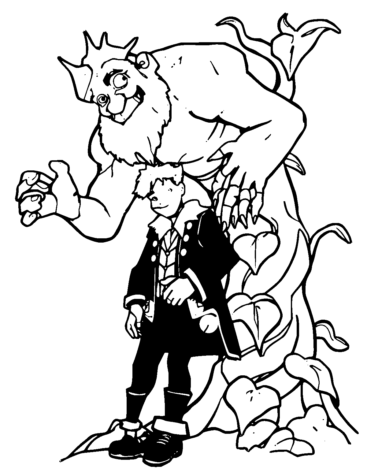 Line-art coloring page of Jack and the Beanstalk Giant, medium outlines, centered