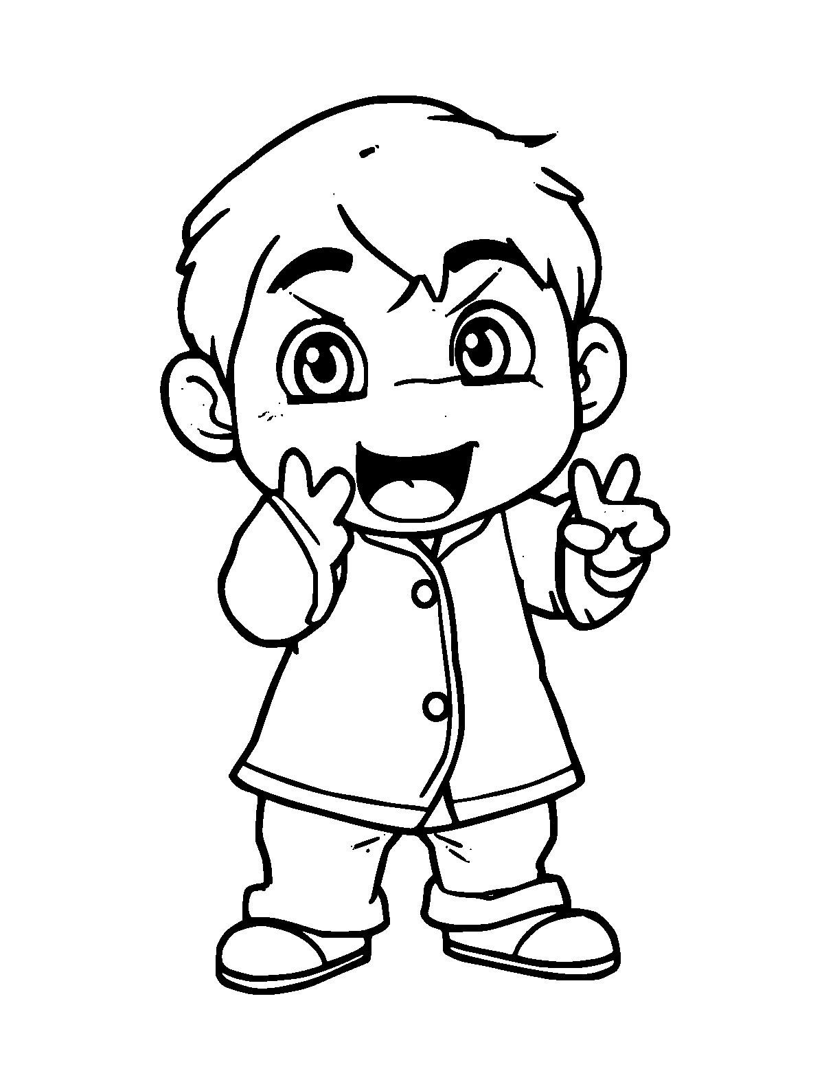 Line-art coloring page of Jackie Chan, thick outlines, centered
