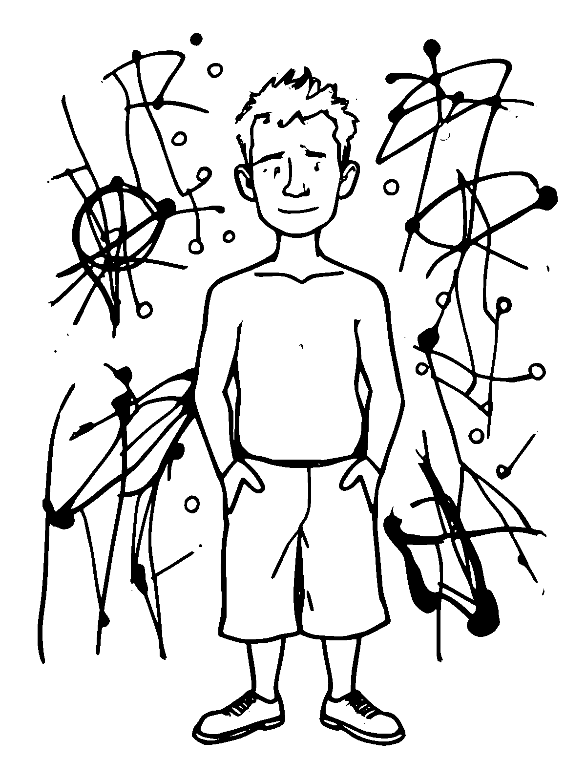 Line-art coloring page of Jackson Pollock, medium outlines, centered