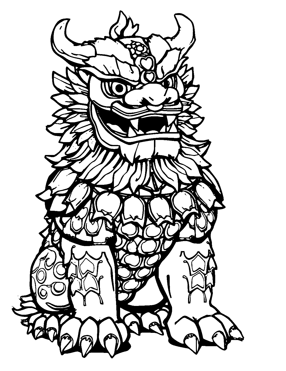 Line-art coloring page of Japanese Komainu Guardian, medium outlines, centered