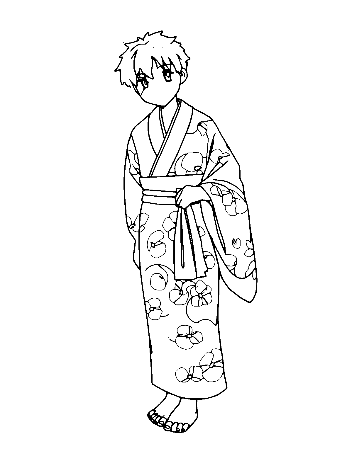 Line-art coloring page of Japanese Yukata, medium outlines, centered