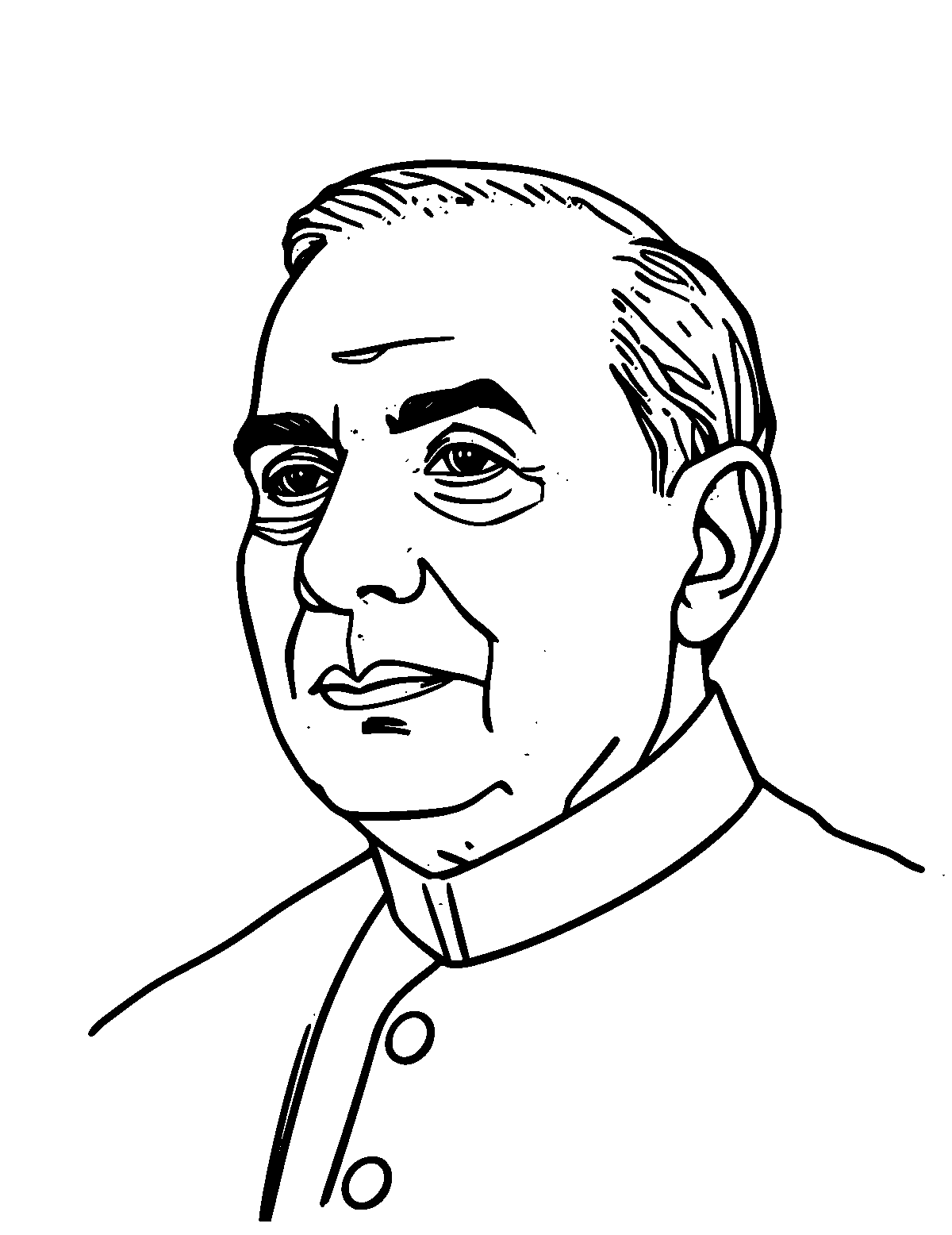 Line-art coloring page of Jawaharlal Nehru, medium outlines, centered