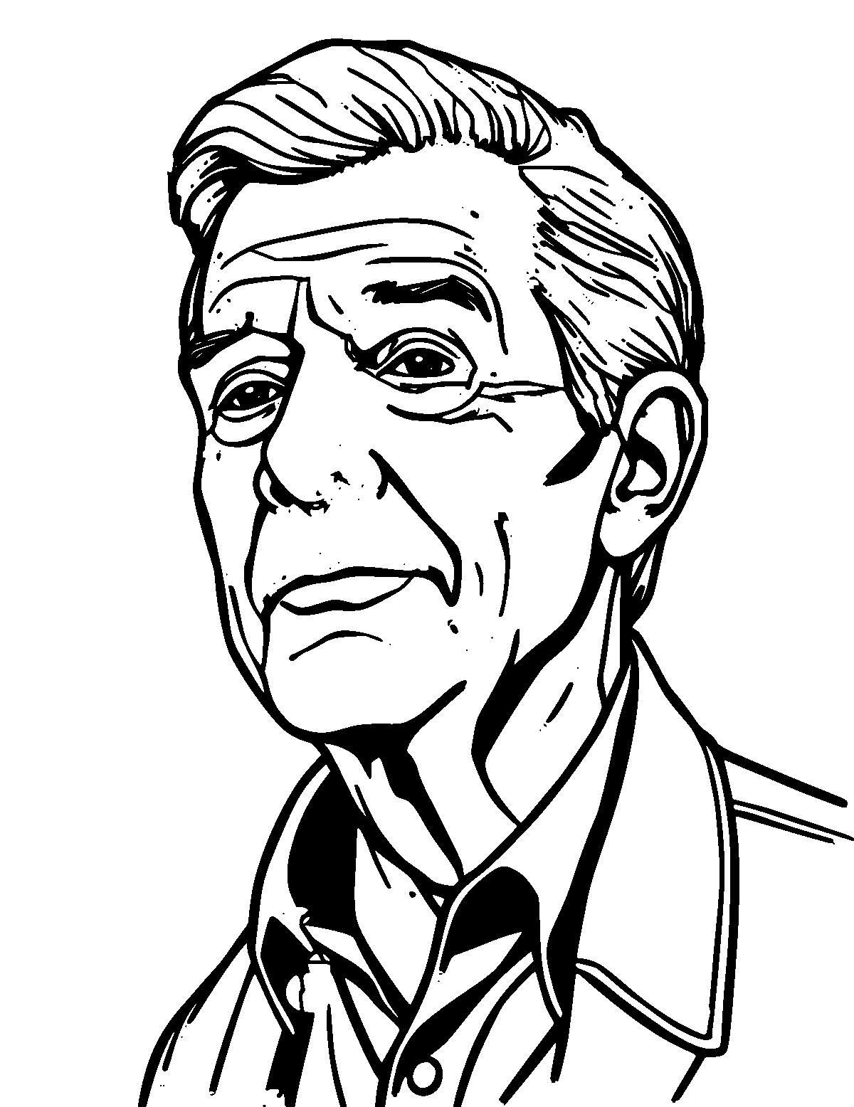 Line-art coloring page of Jimmy Carter, thick outlines, centered