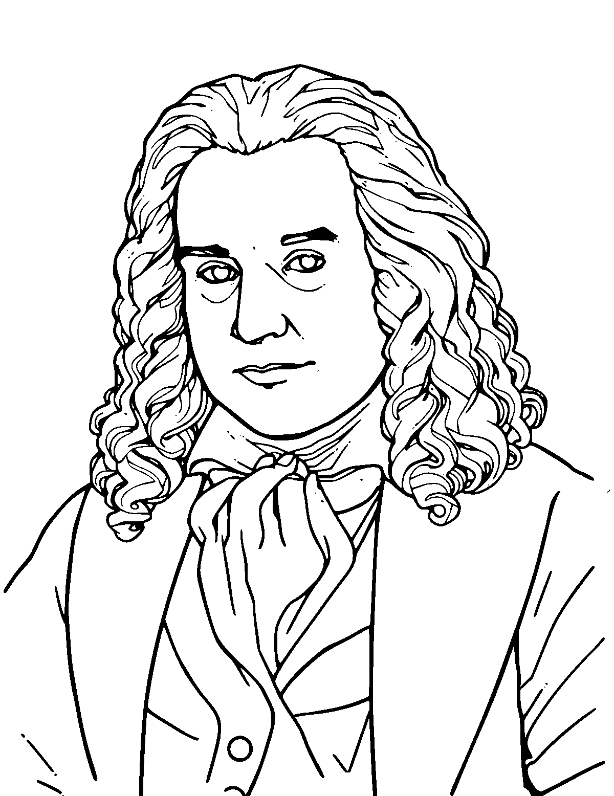 Line-art coloring page of Johann Sebastian Bach, medium outlines, centered
