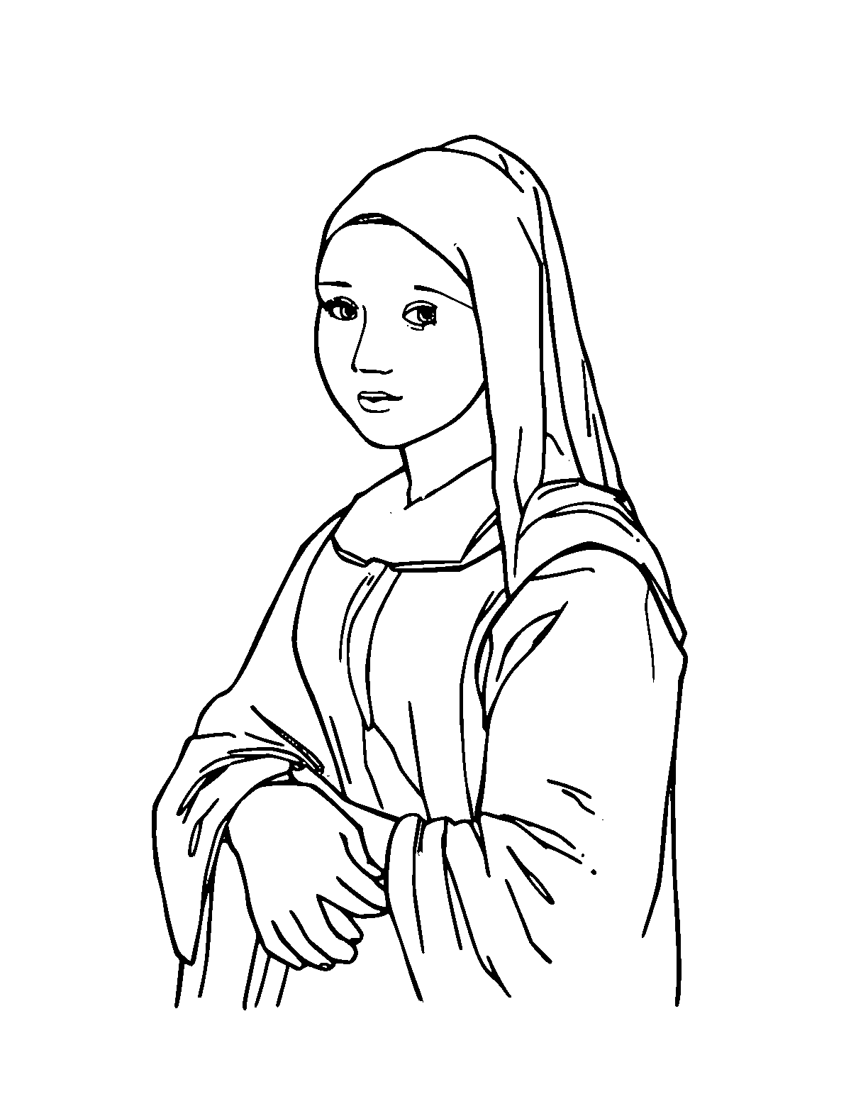 Line-art coloring page of Johannes Vermeer, medium outlines, centered