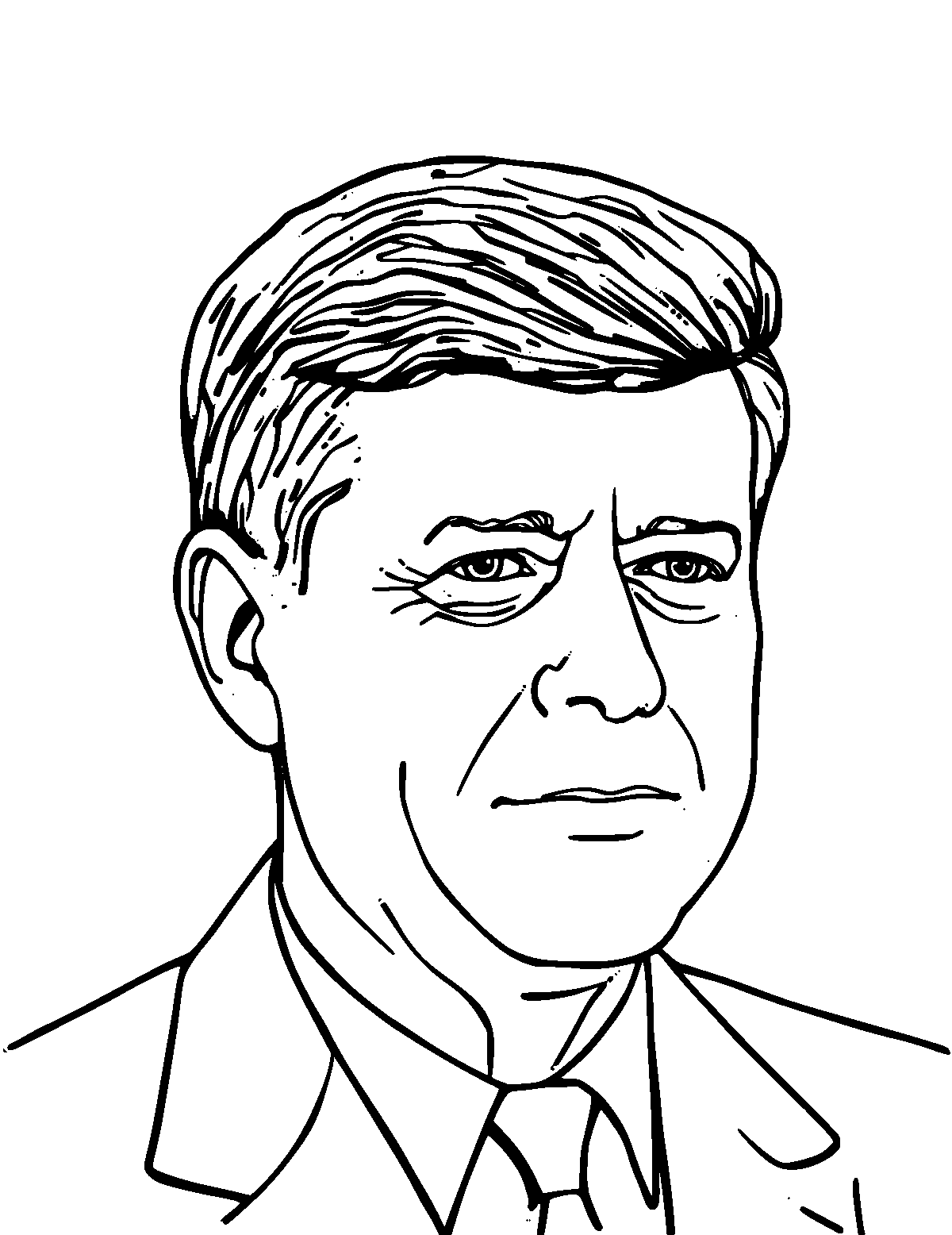 Line-art coloring page of John F. Kennedy, medium outlines, centered