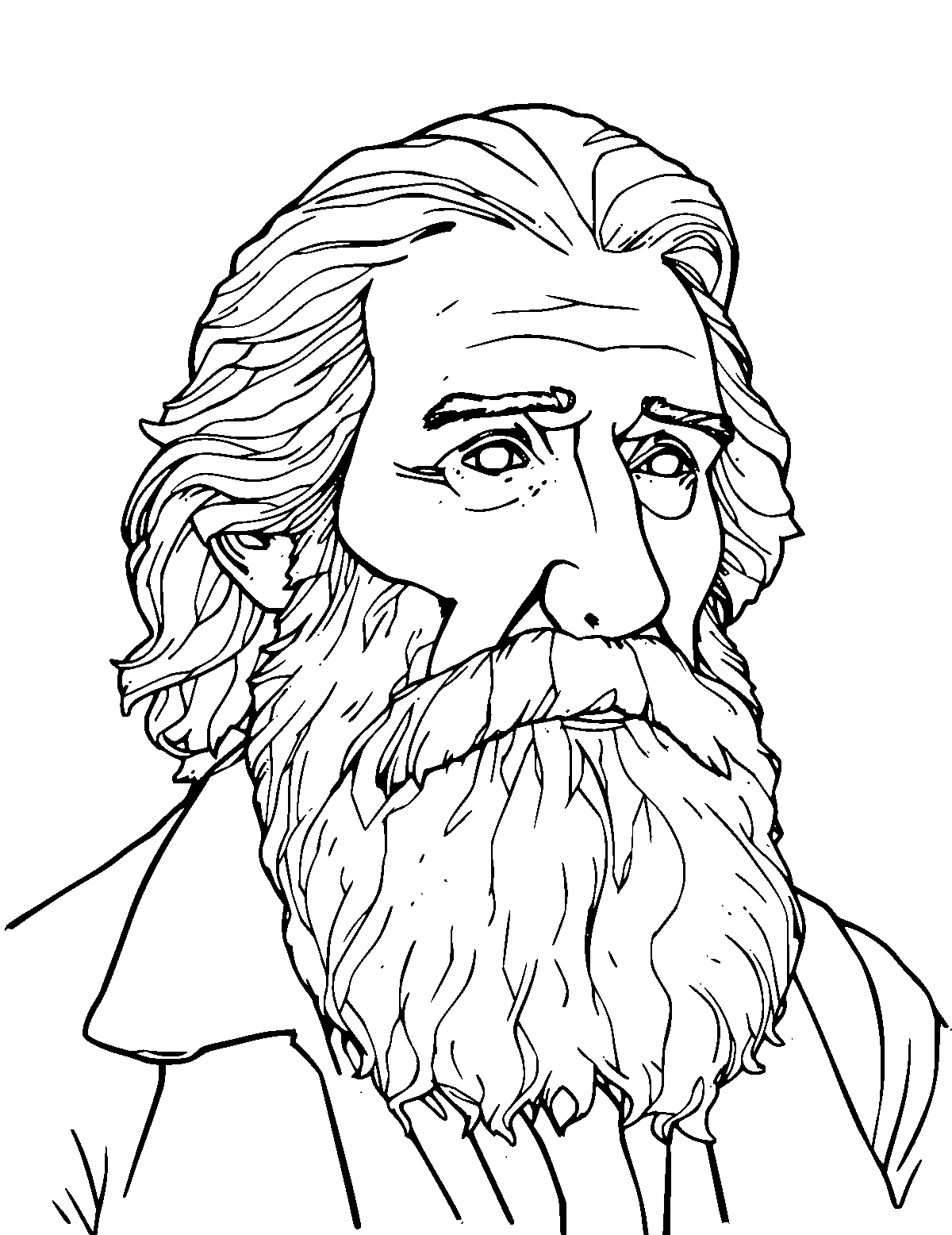 Line-art coloring page of John Muir, medium outlines, centered