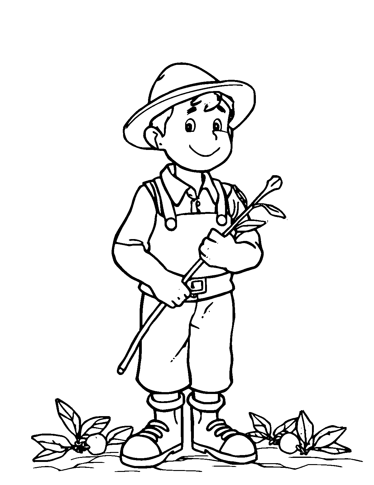 Line-art coloring page of Johnny Appleseed, medium outlines, centered