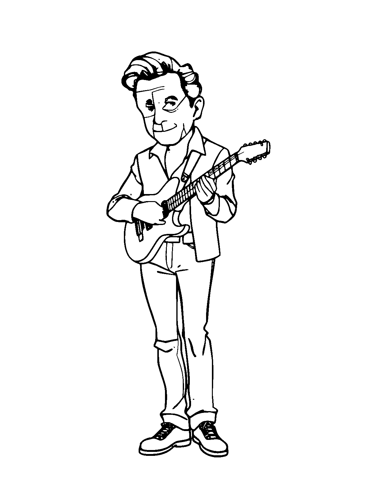 Line-art coloring page of Johnny Cash, medium outlines, centered