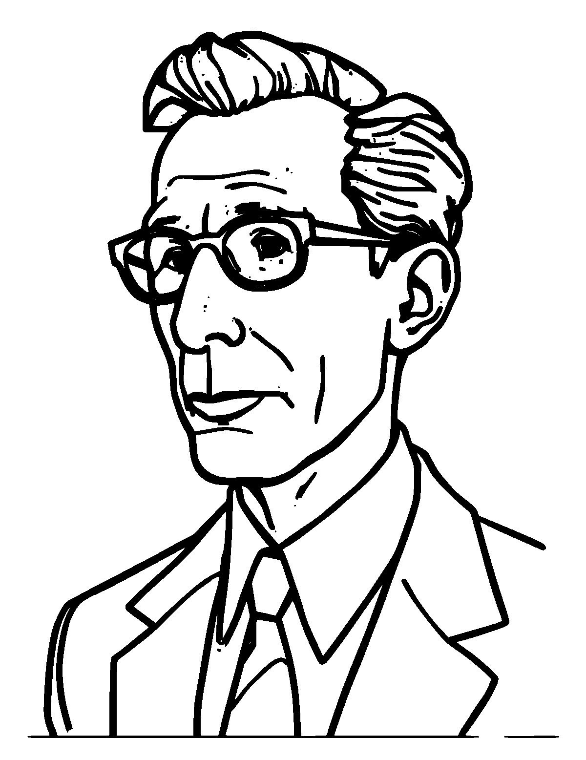 Line-art coloring page of Jonas Salk, thick outlines, centered