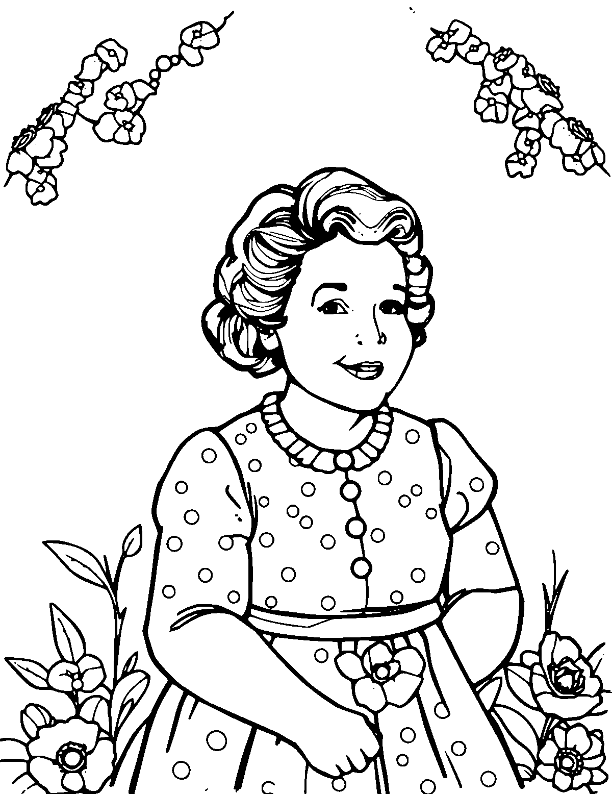 Line-art coloring page of Julia Child, medium outlines, centered