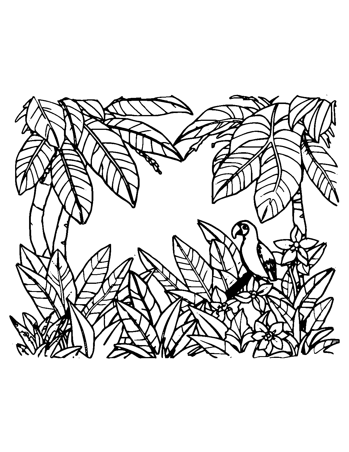 Line-art coloring page of Jungle, medium outlines, centered