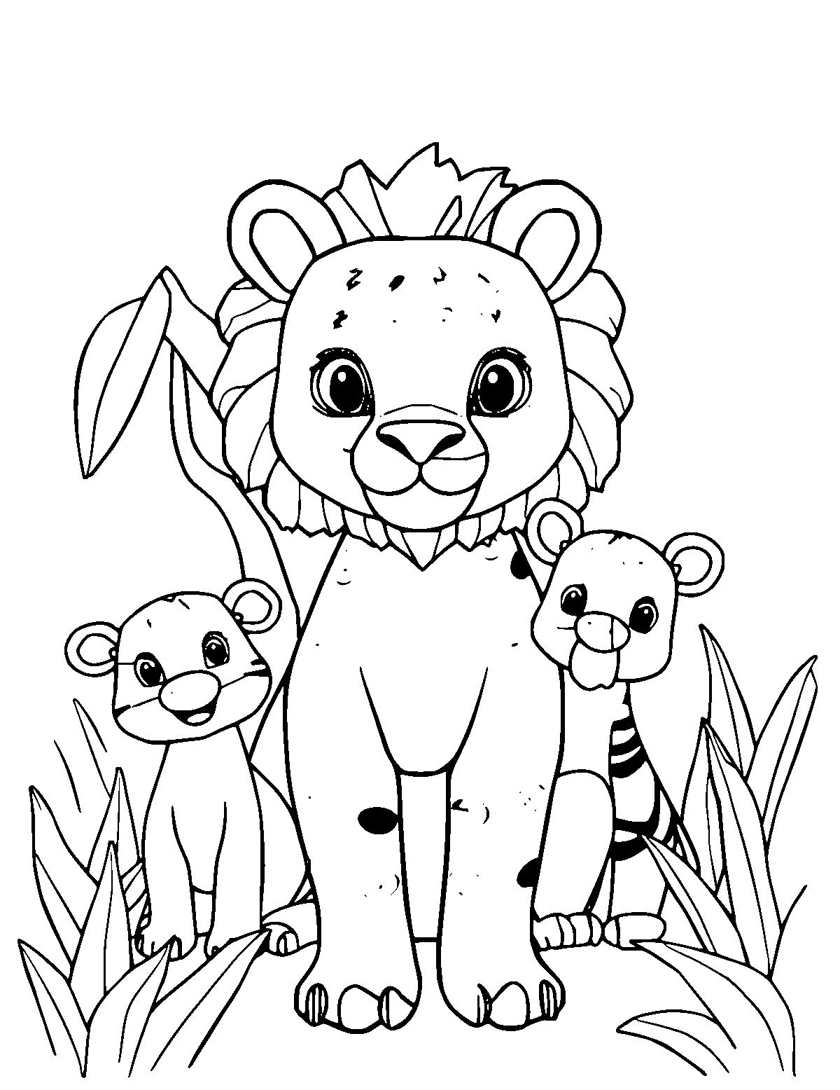 Line-art coloring page of Jungle Animals, medium outlines, centered