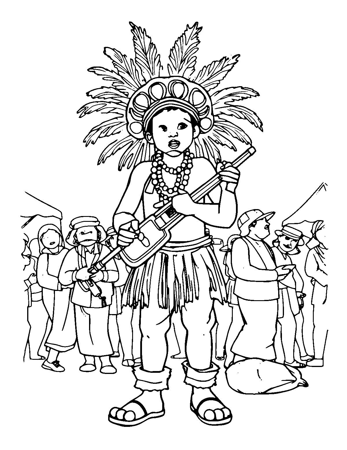 Line-art coloring page of Junkanoo Festival, medium outlines, centered